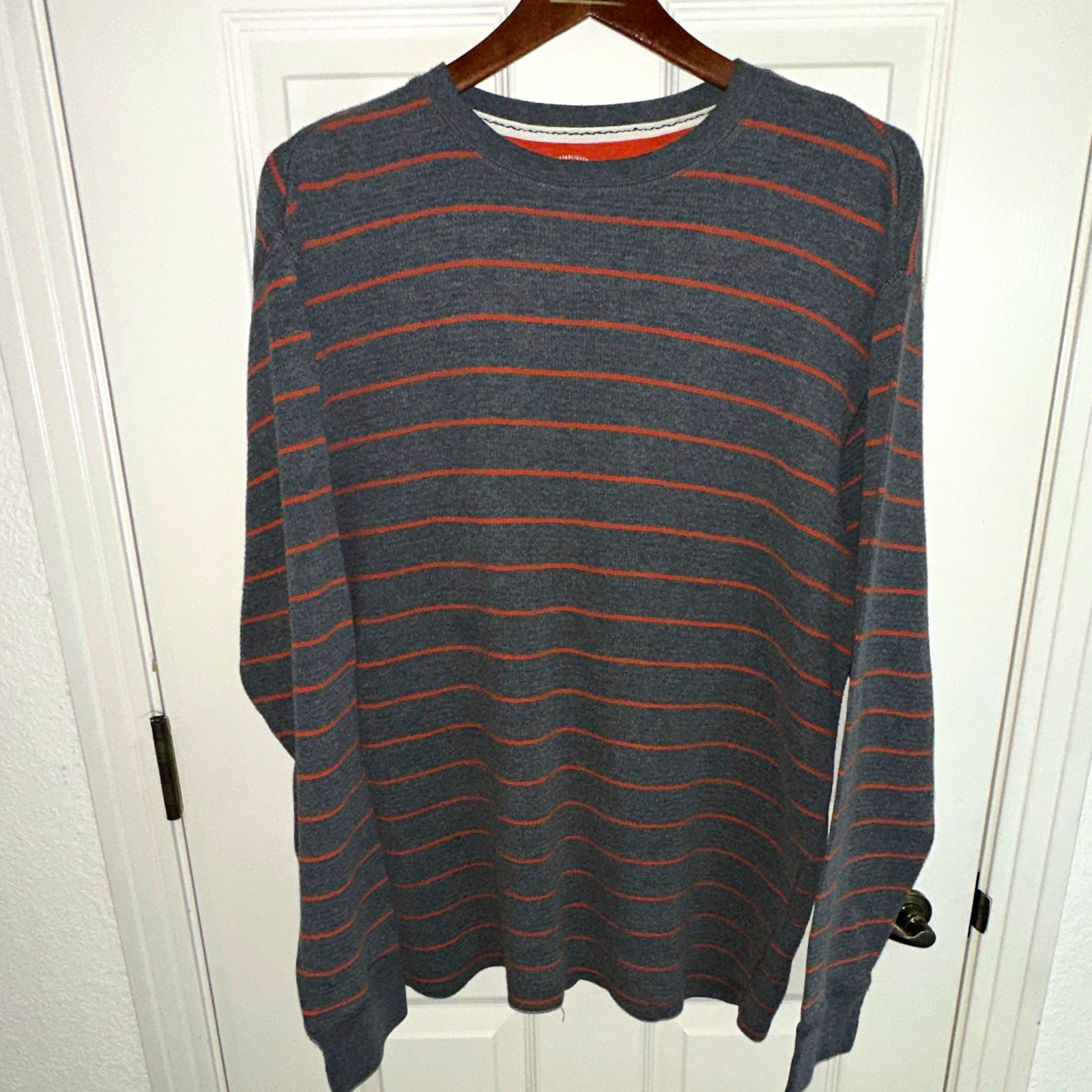 Faded Glory Men’s XL Gray/Orange Striped Cotton Blend Knit Crewneck Pullover