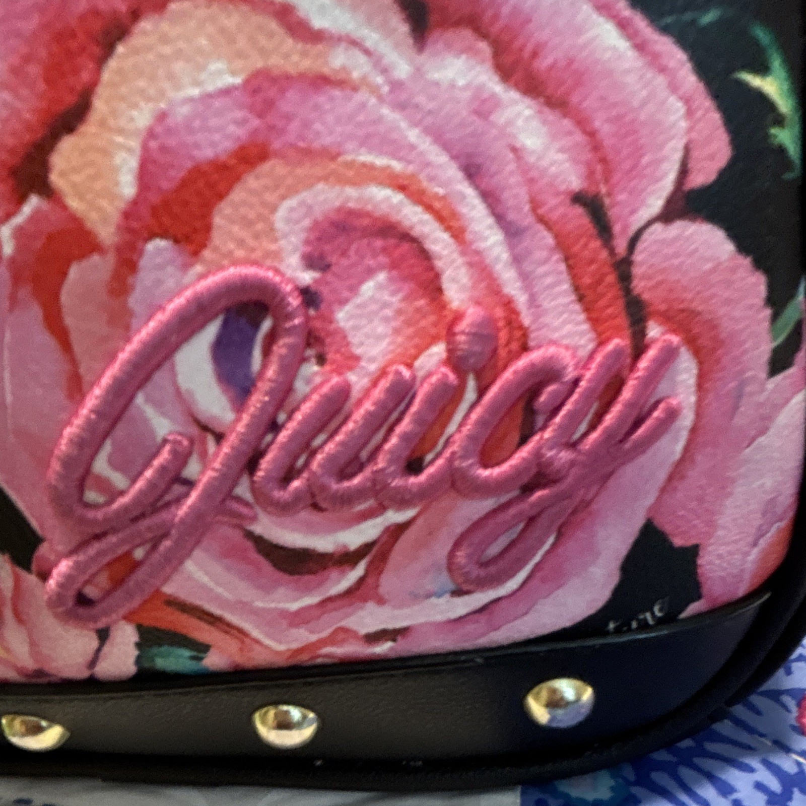 Juicy Couture Floral Rose Print Small Backpack Black/Pink Gold Studs Zip