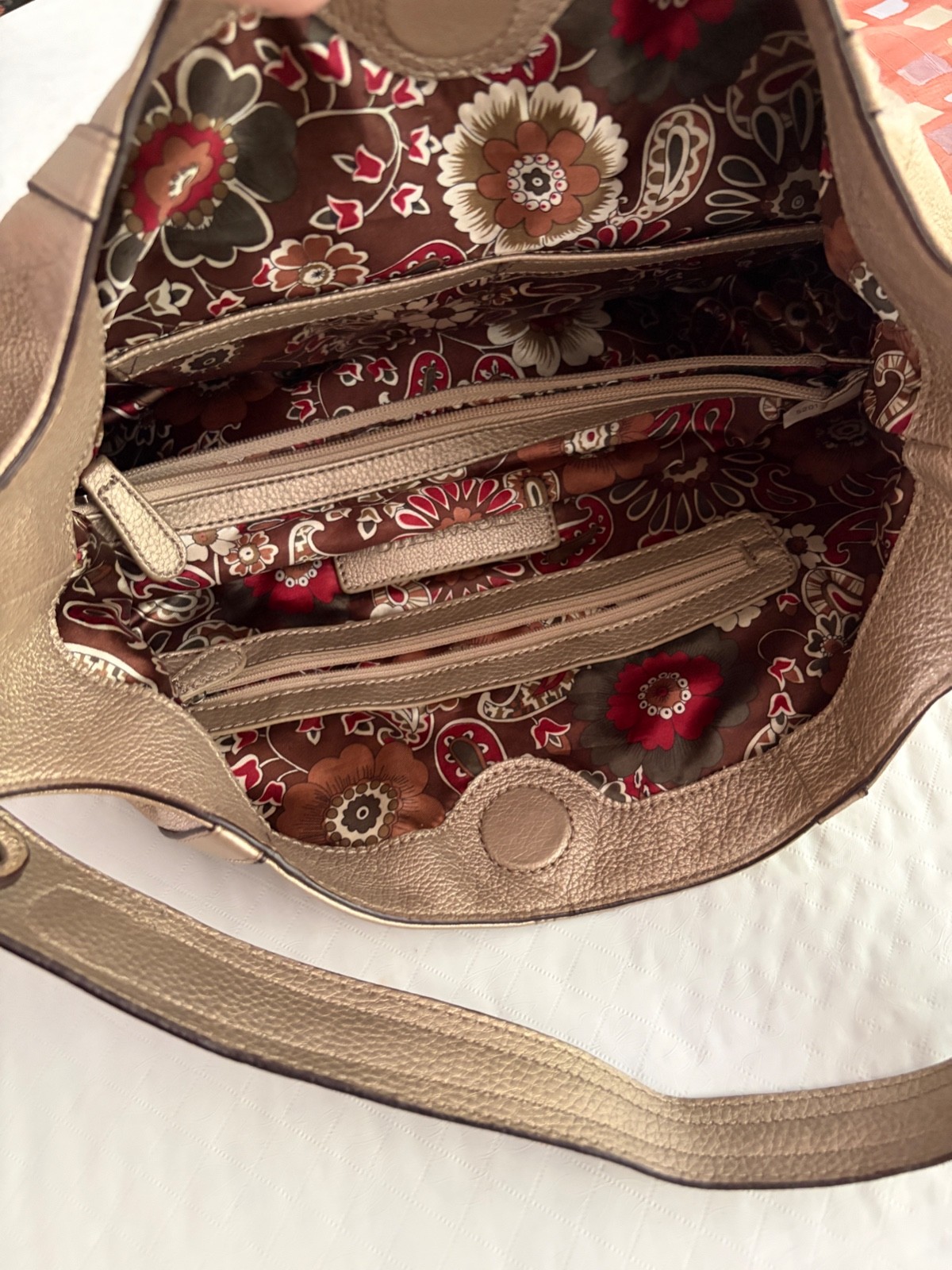 Tignanello Gold Pebbled Shoulder Bag Geometric Silver Hardware Inner Pockets
