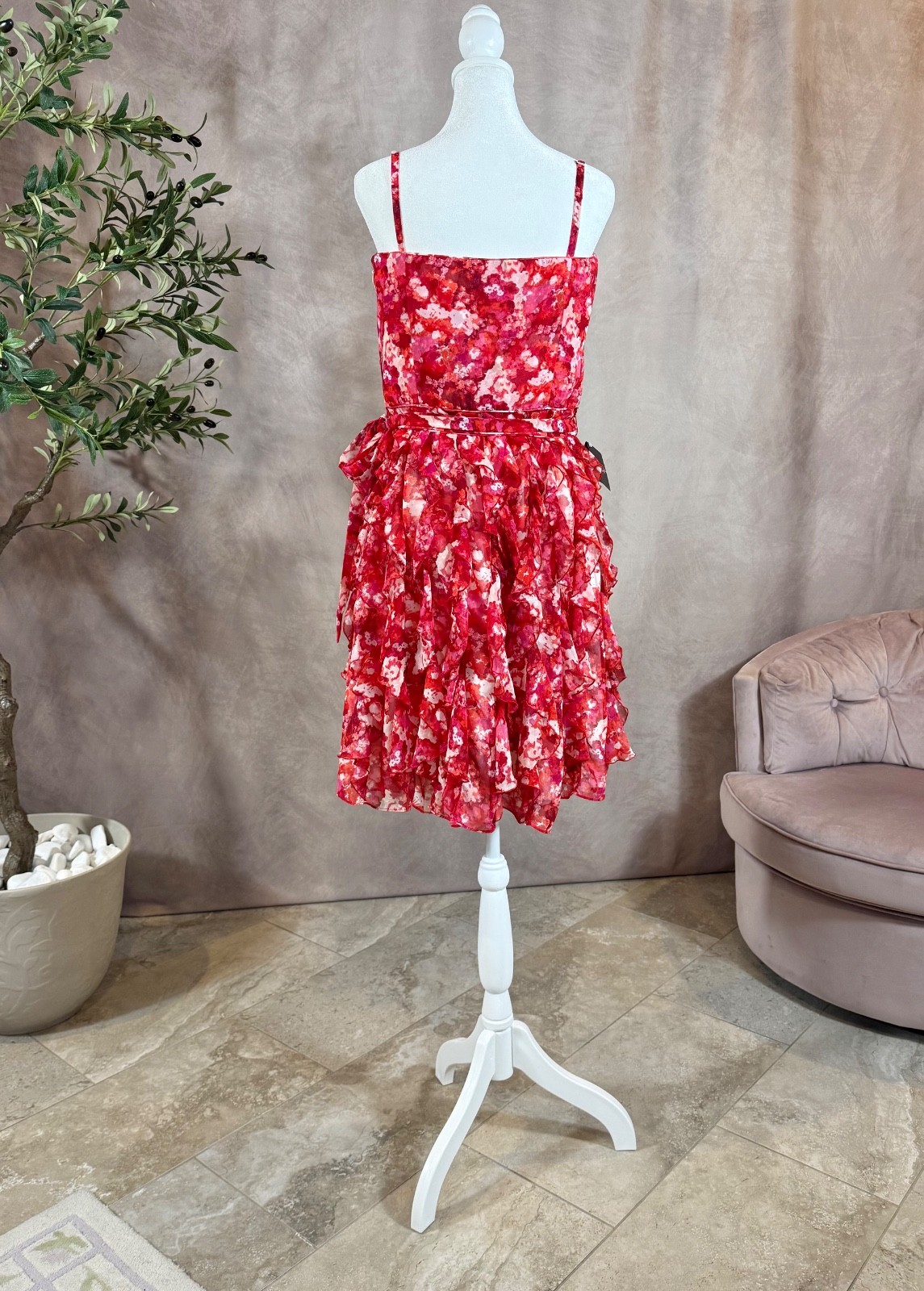 NWT White House Black Market Floral Waterfall Ruffle Chiffon Dress Pink Red Size