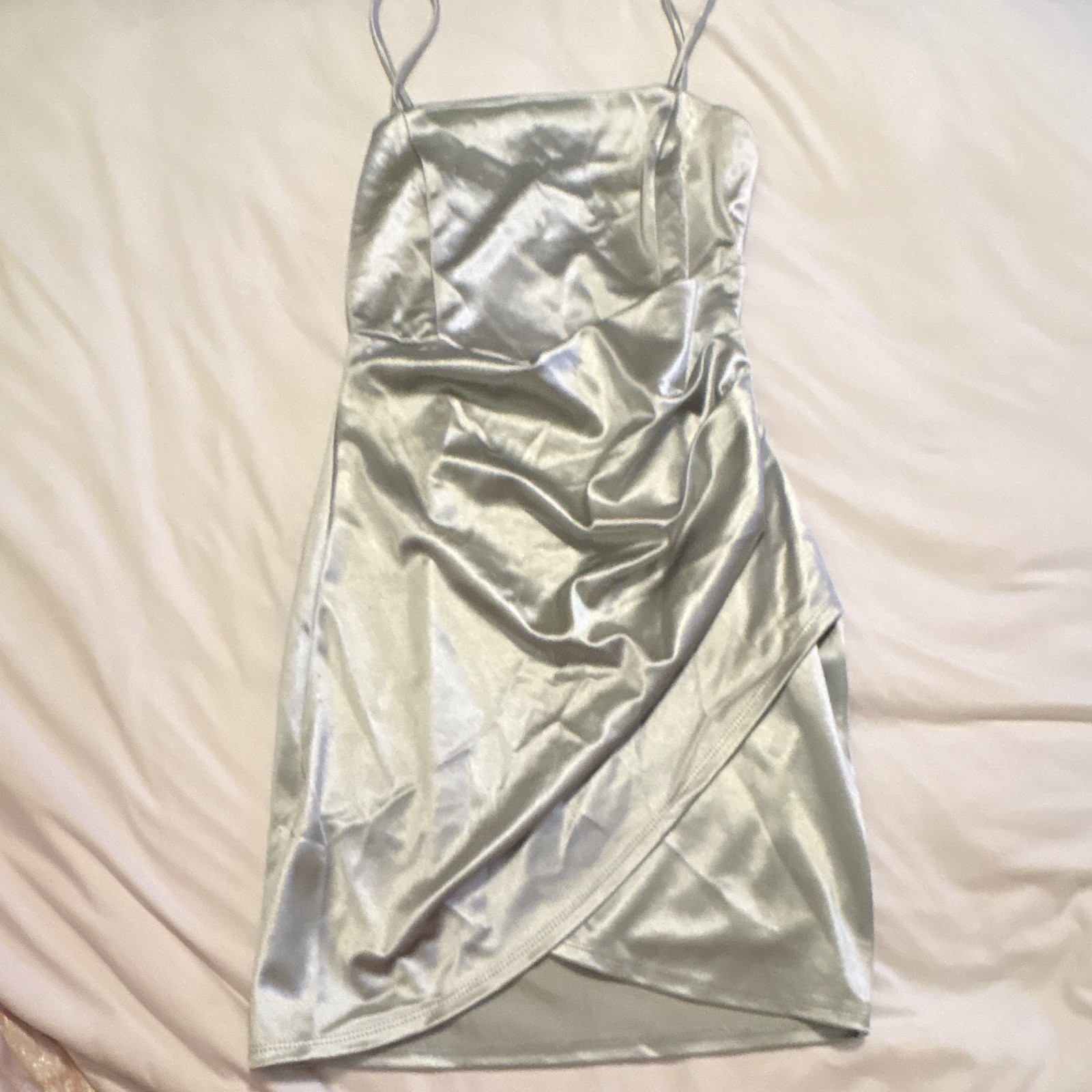 Windsor Silver Green Satin Bodycon Square Neck Ruched Zip Mini Dress Women S