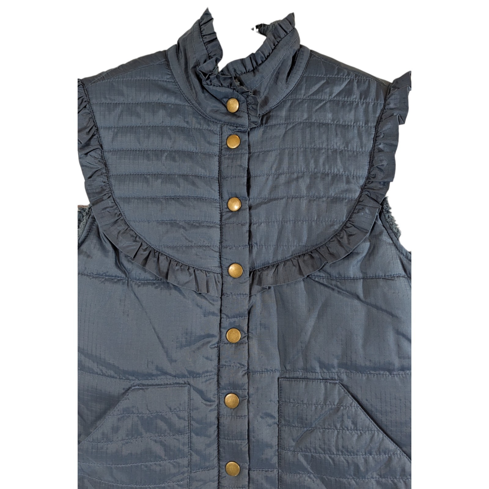 Free People Puffer Vest Dark Teal Blue Green Sherpa Size XS Quilted Ruffle Flaw