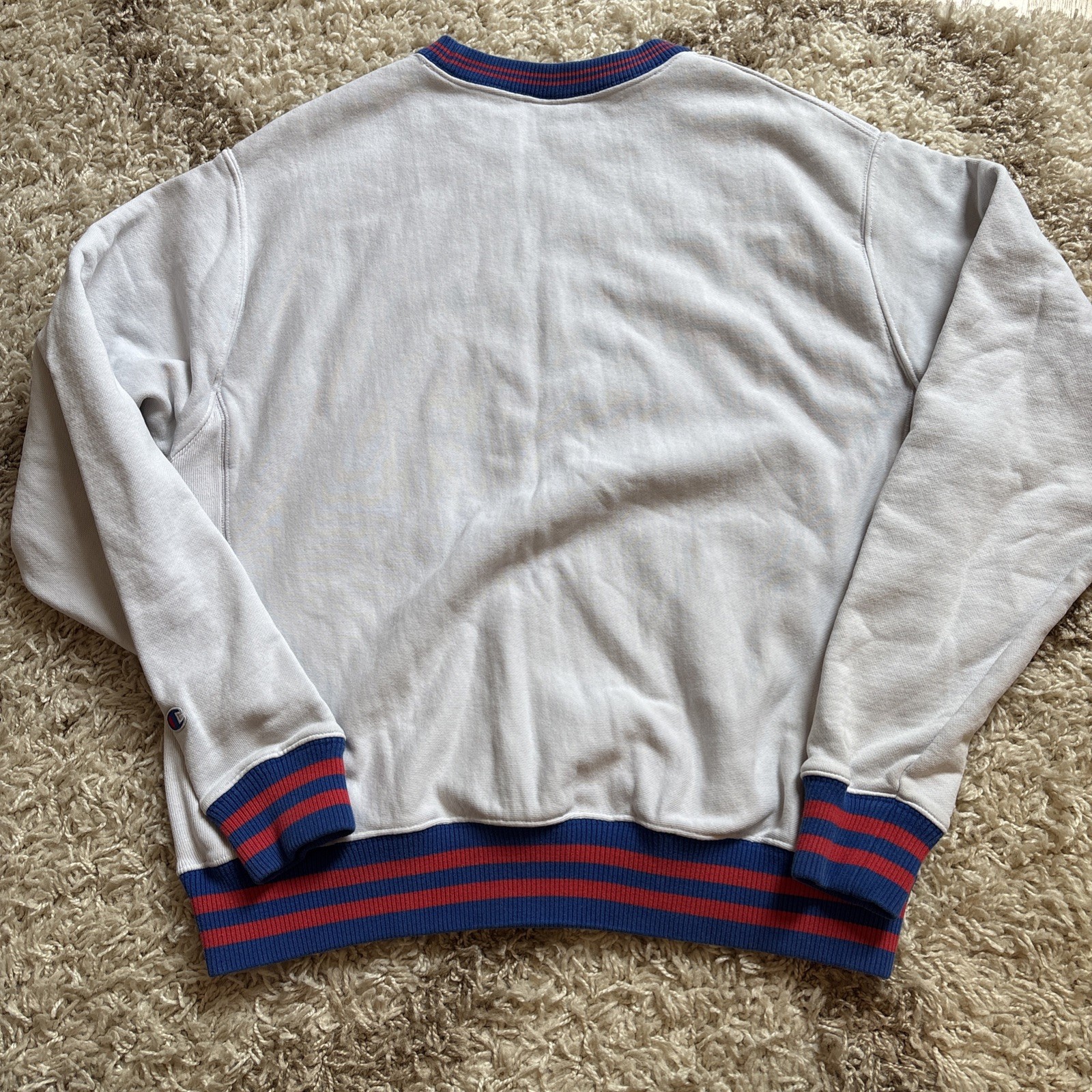 Champion Sweatshirt Men Reverse Weave Large EUC White-Red Blue Trim Preppy Y2K