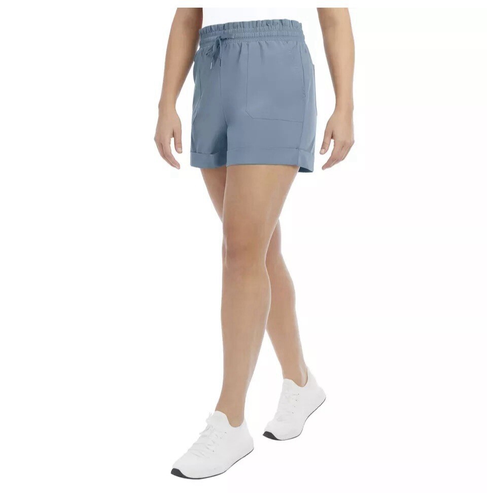 Danskin Ladies’ Paperbag Short, Size L, Color Blue Gray, Pockets, 4 Inch Inseam.