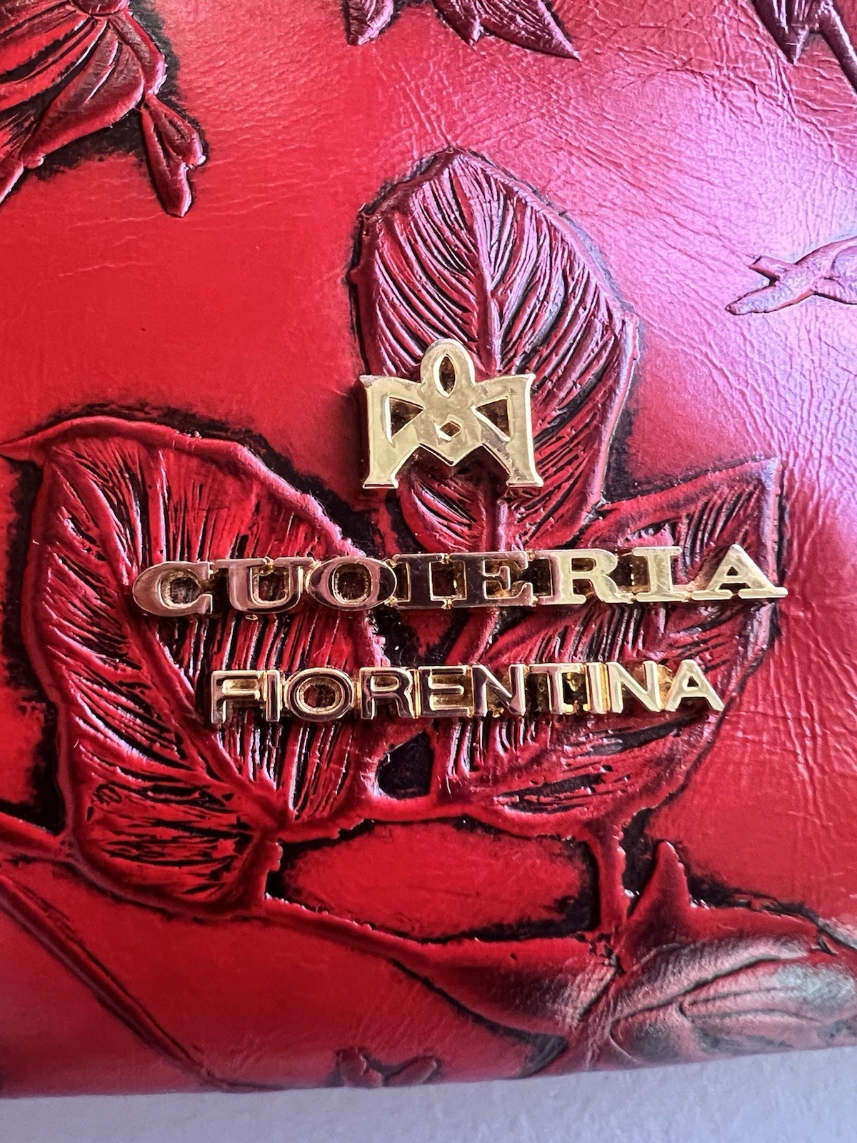Cuoieria Fiorentina Red Floral Whimsigoth Embossed Crossbody Bag Chain Zip Gold