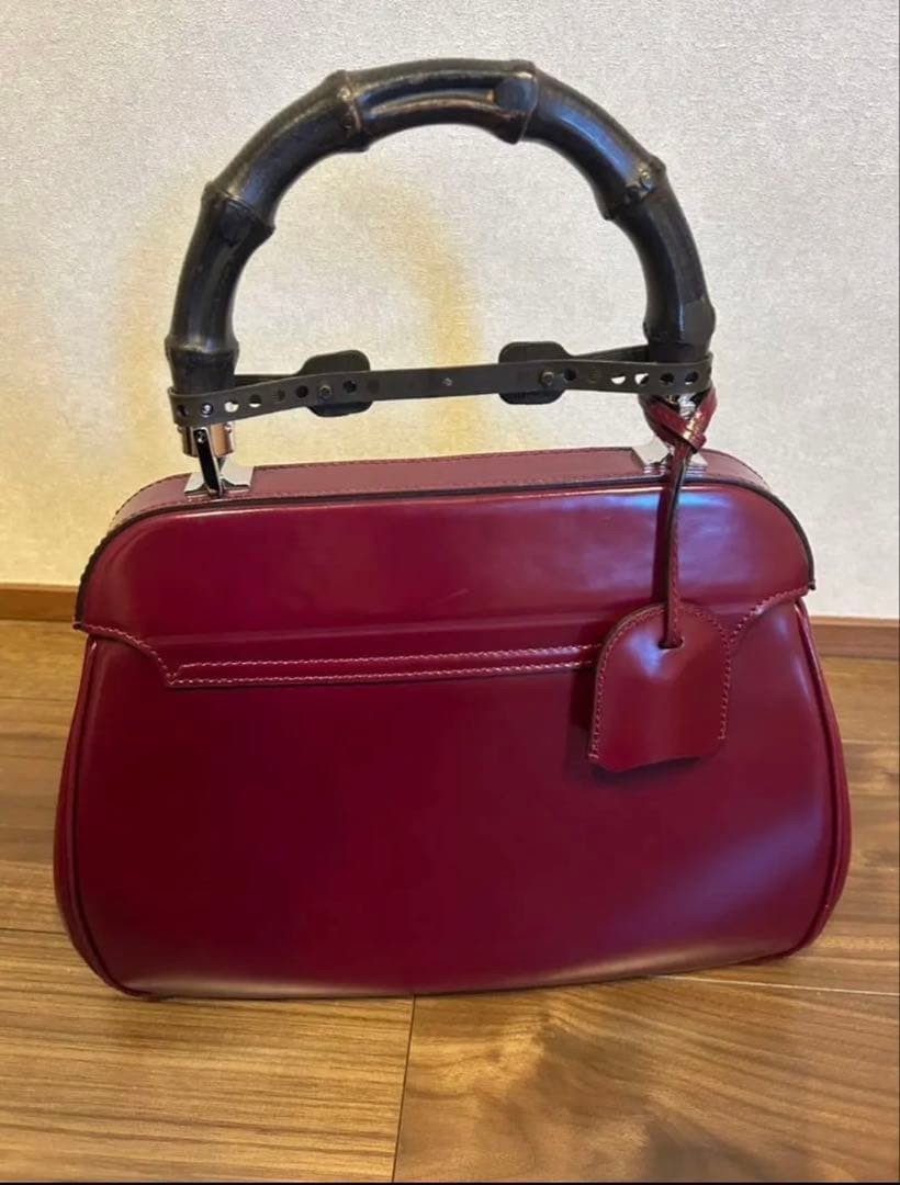New GUCCI Bamboo Handbag Leather Bordeaux Wine Red Gift Present 0611b