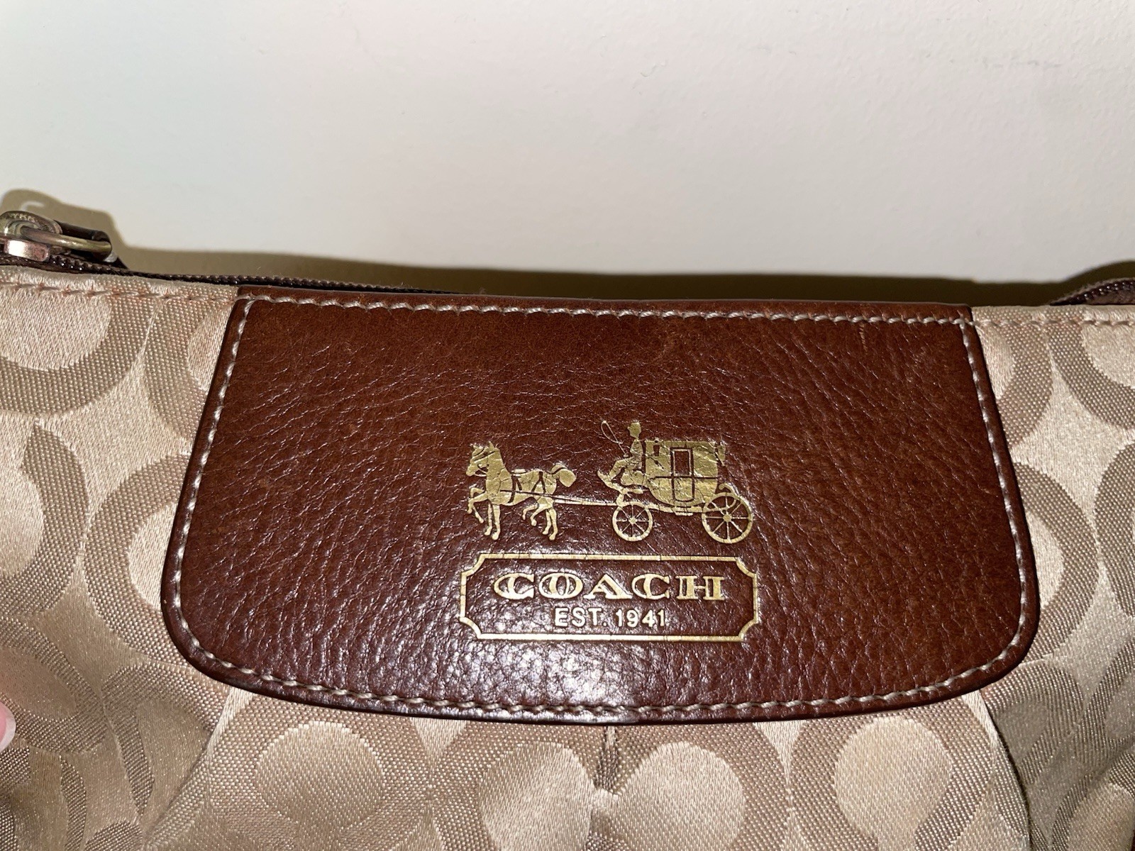 Coach Signature Swingpack Crossbody Bag Khaki Brown Canvas Leather Trim Purse