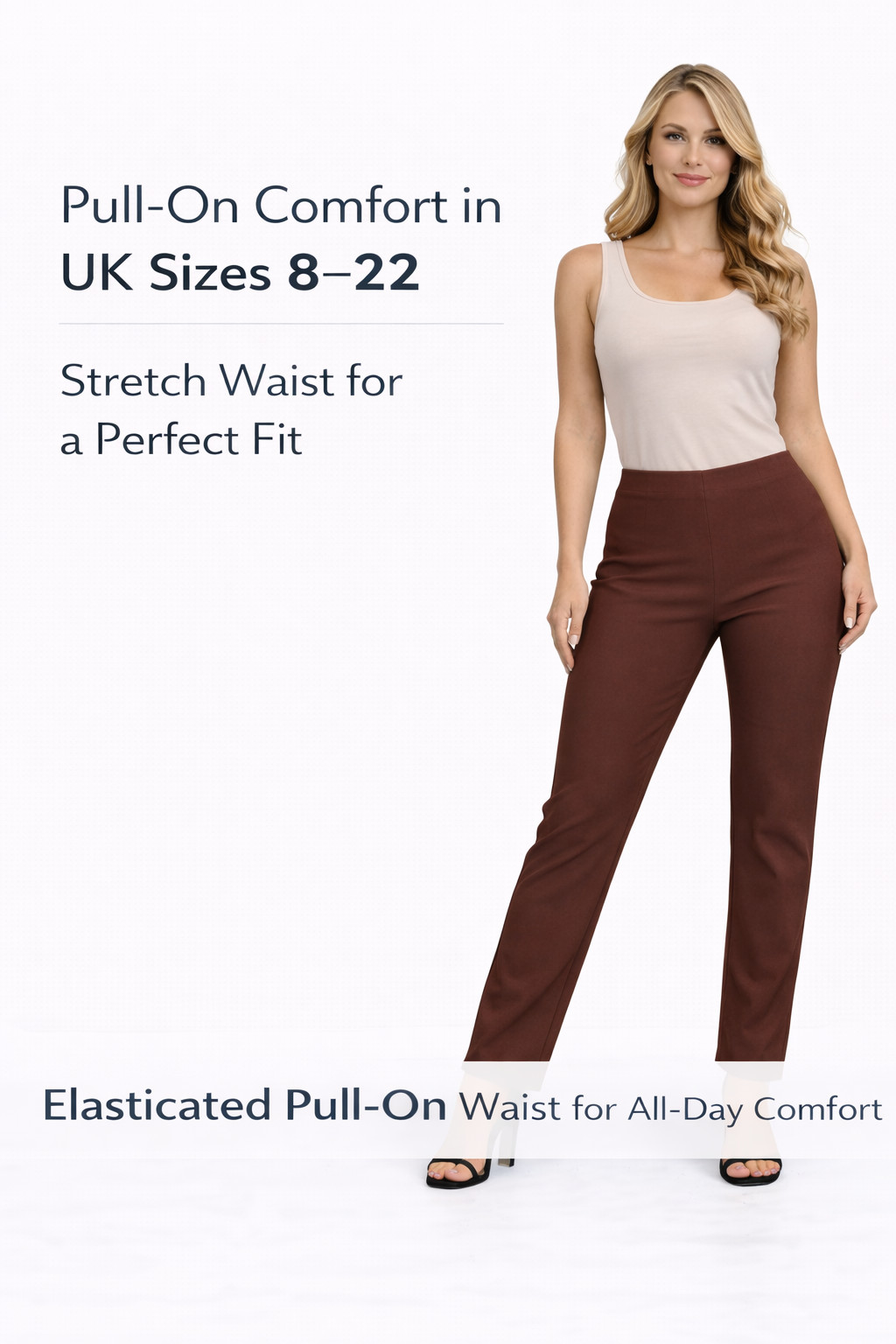Women’s Pull On Trousers High Waist Straight Leg Work Pants, Elasticated Waist