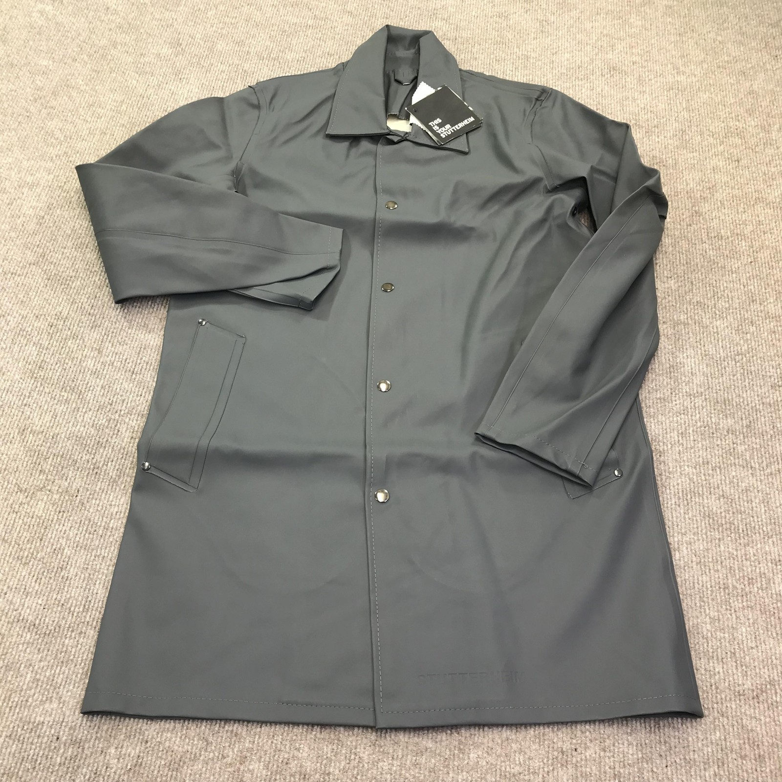 Stutterheim Raincoat Jacket Mens Small Gray Vasastan Waterproof PVC Coated