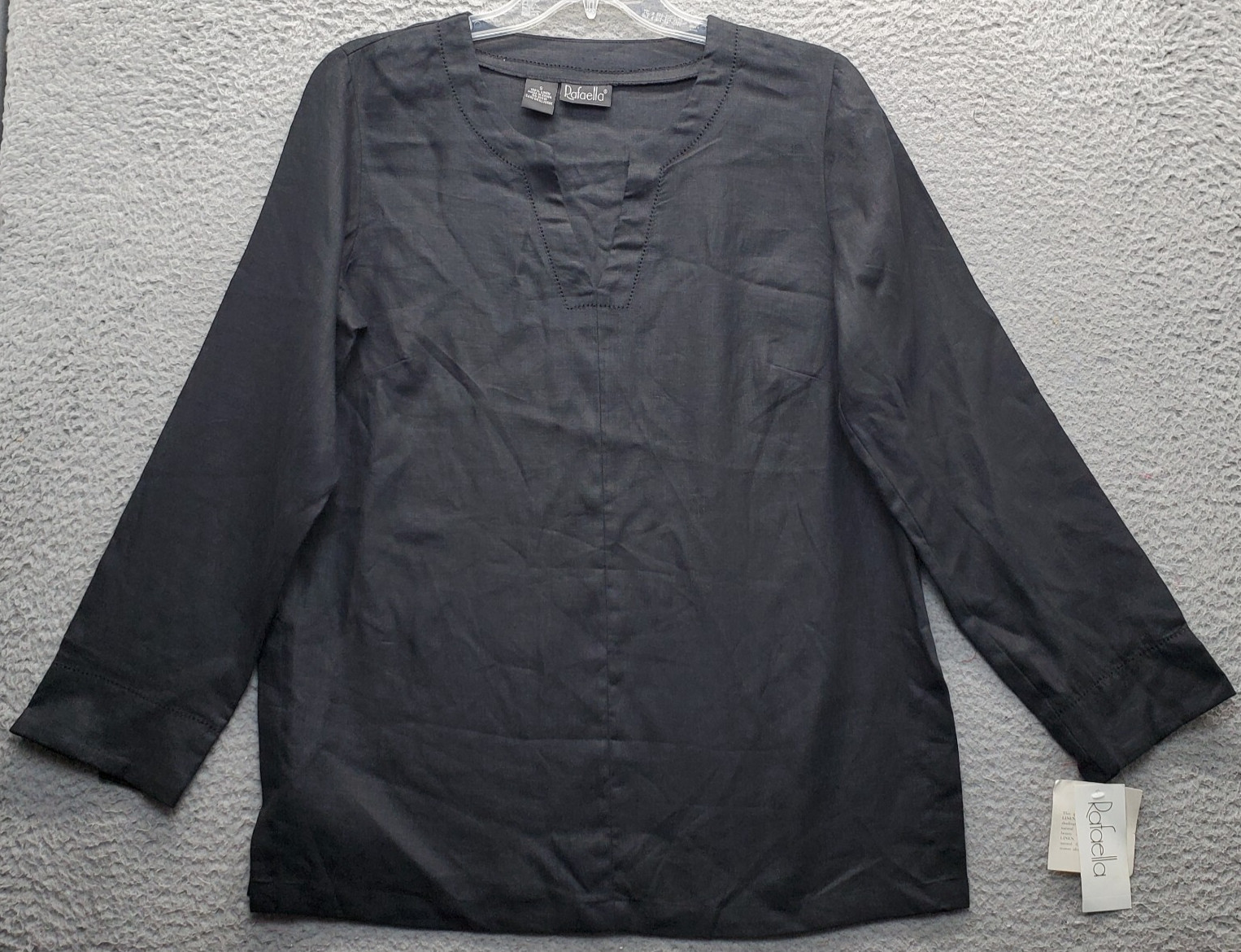 Rafaella Blouse Top Women Small Black 100% Linen Long Sleeve Cut V-Neck Pullover