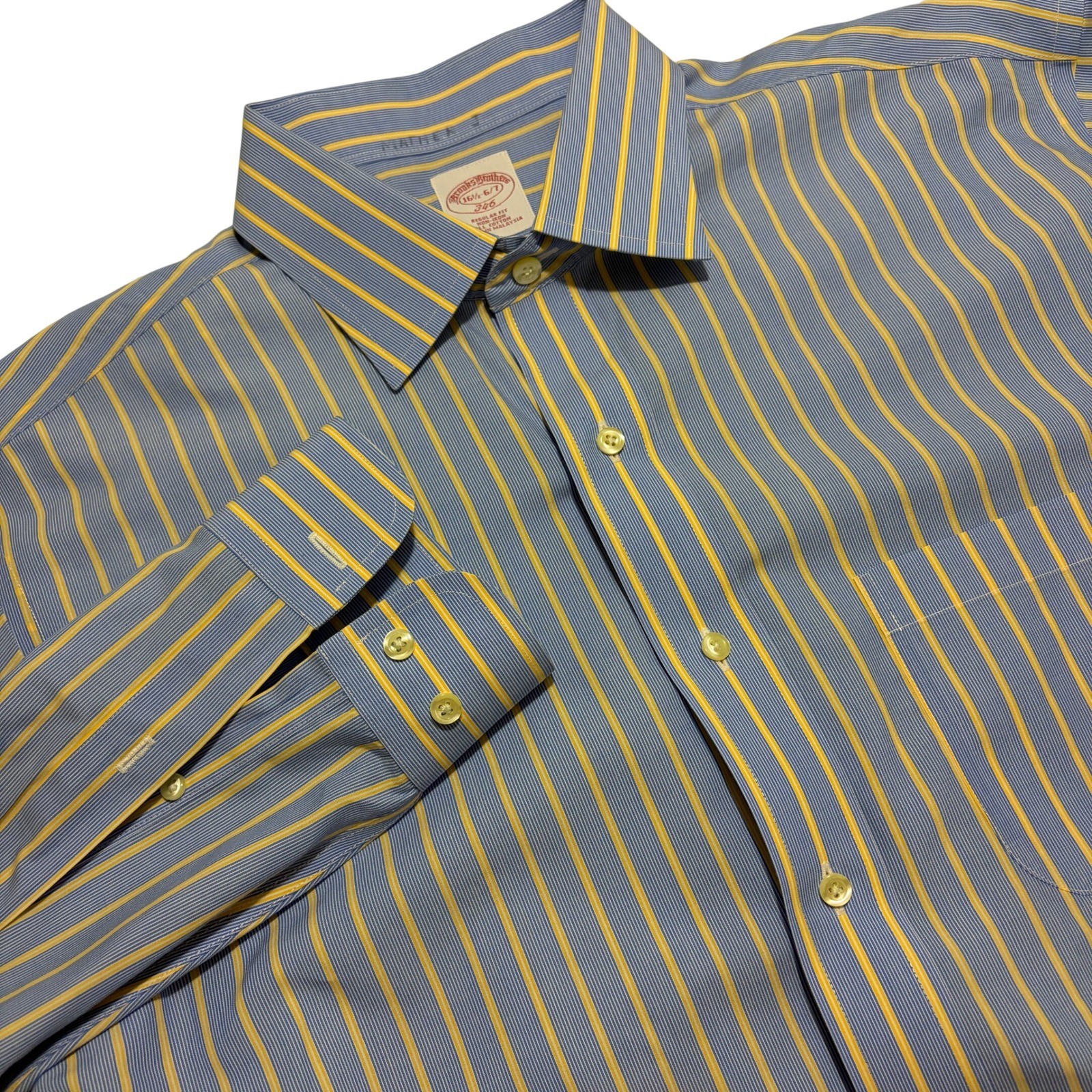 Brooks Brothers 346 Mens 16.5 36/37 Regular Fit Blue Yellow Striped Dress Shirt