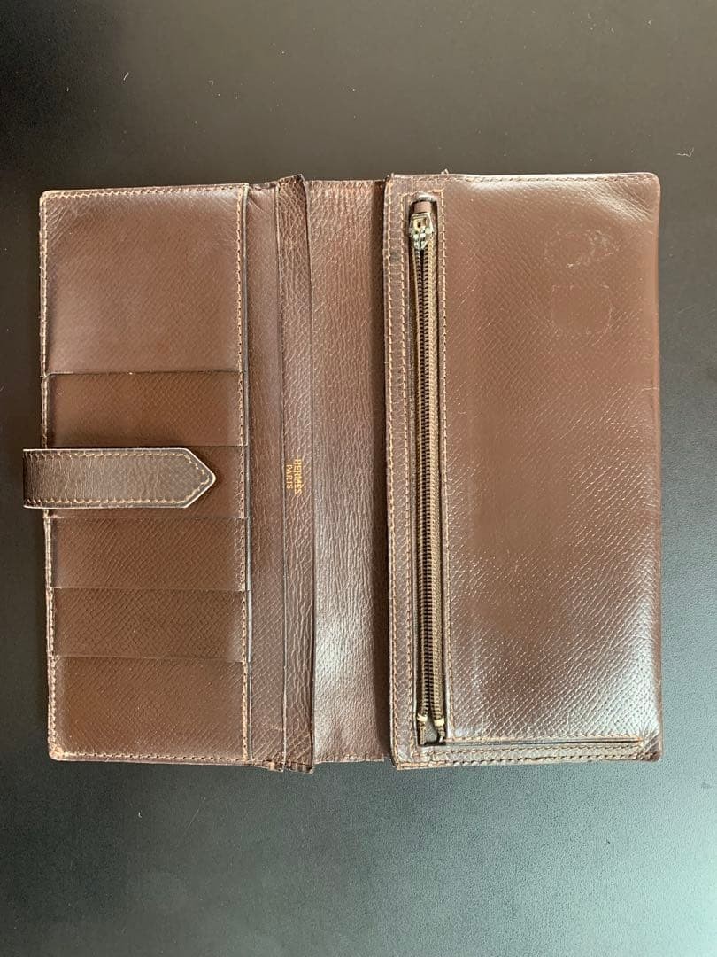 HERMES Bearn Long Wallet, Bifold Wallet, Leather, Engraved Brown 17.5x9cm France