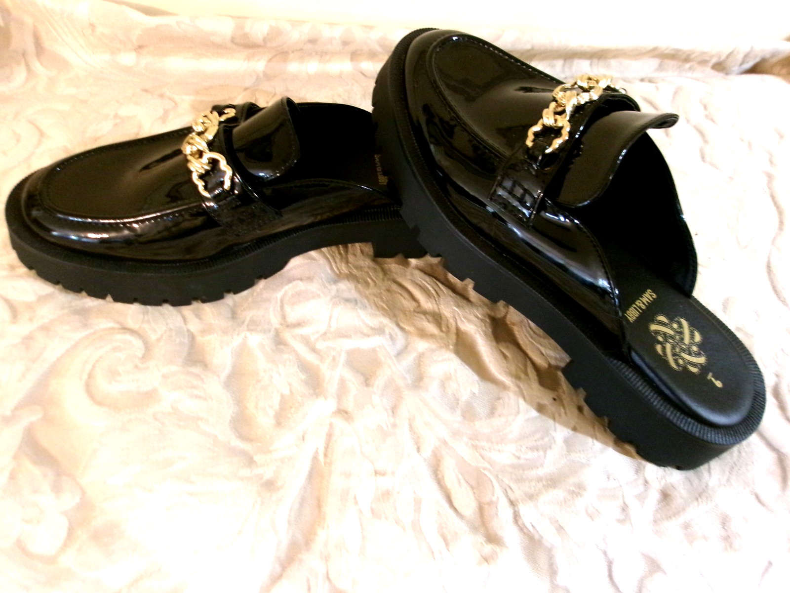 Sam & Libby Reese Black Patent Leather Mules Chain Loafers Chucky Platform