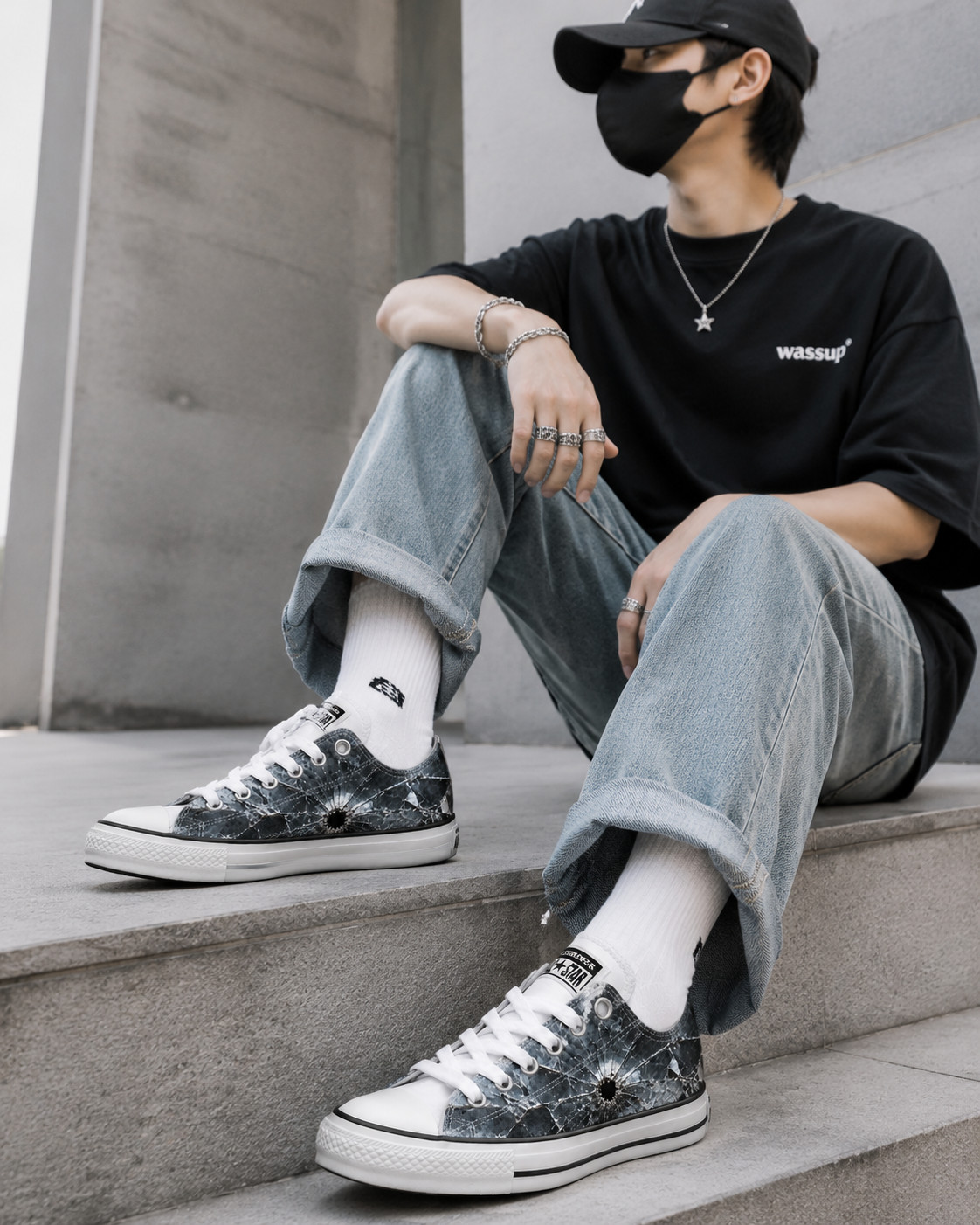 Custom Converse Broken Glass Art Sneakers Low Top Unique Streetwear Shoes