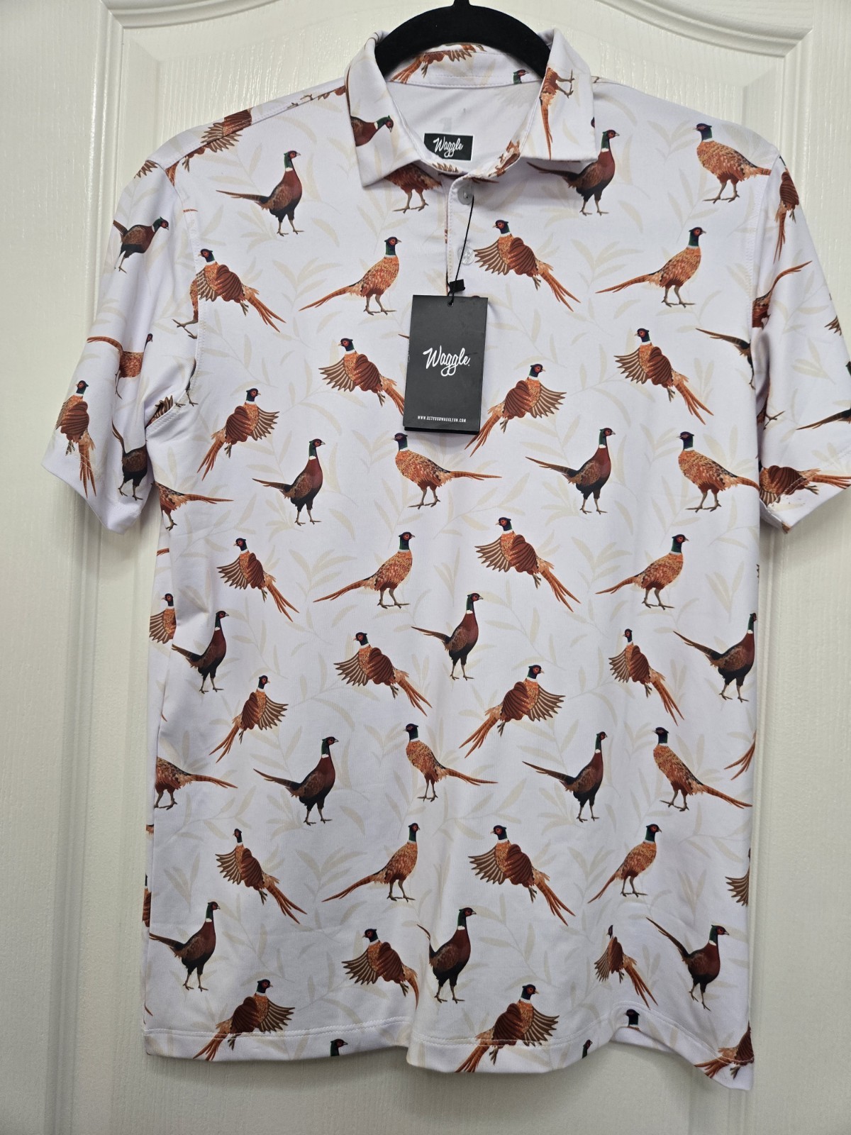 Waggle Youth XL Whote Bird Print Performance Polo Shirt Golf Travel Outdoor NWT