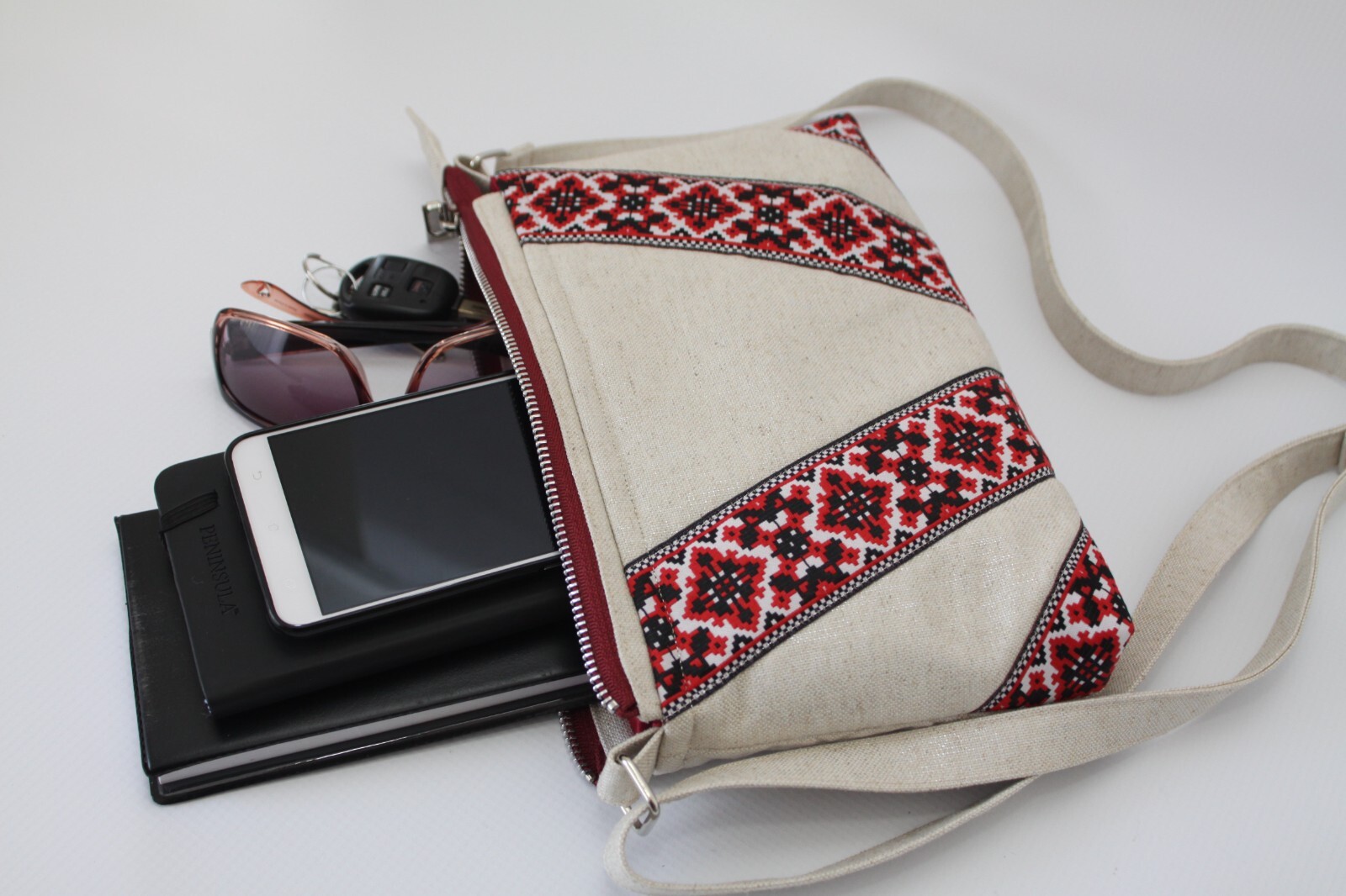 Handmade Beige Shiny Cotton Bag Adjustable Strap Red Accent Two Pockets.