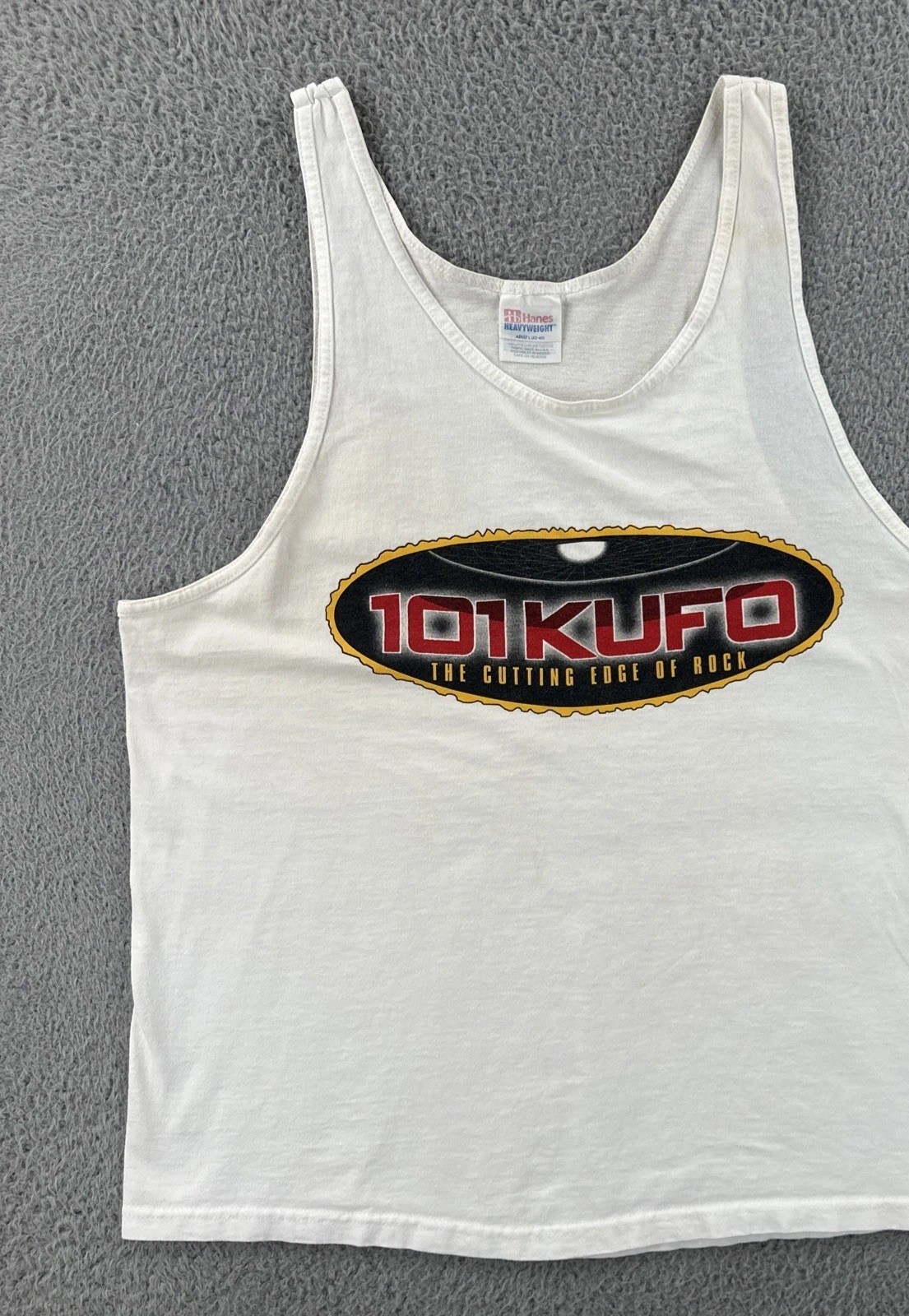 Vintage Hanes Men’s L White Sleeveless Shirt 101 KUFO the Edge Of Rock Radio Tee