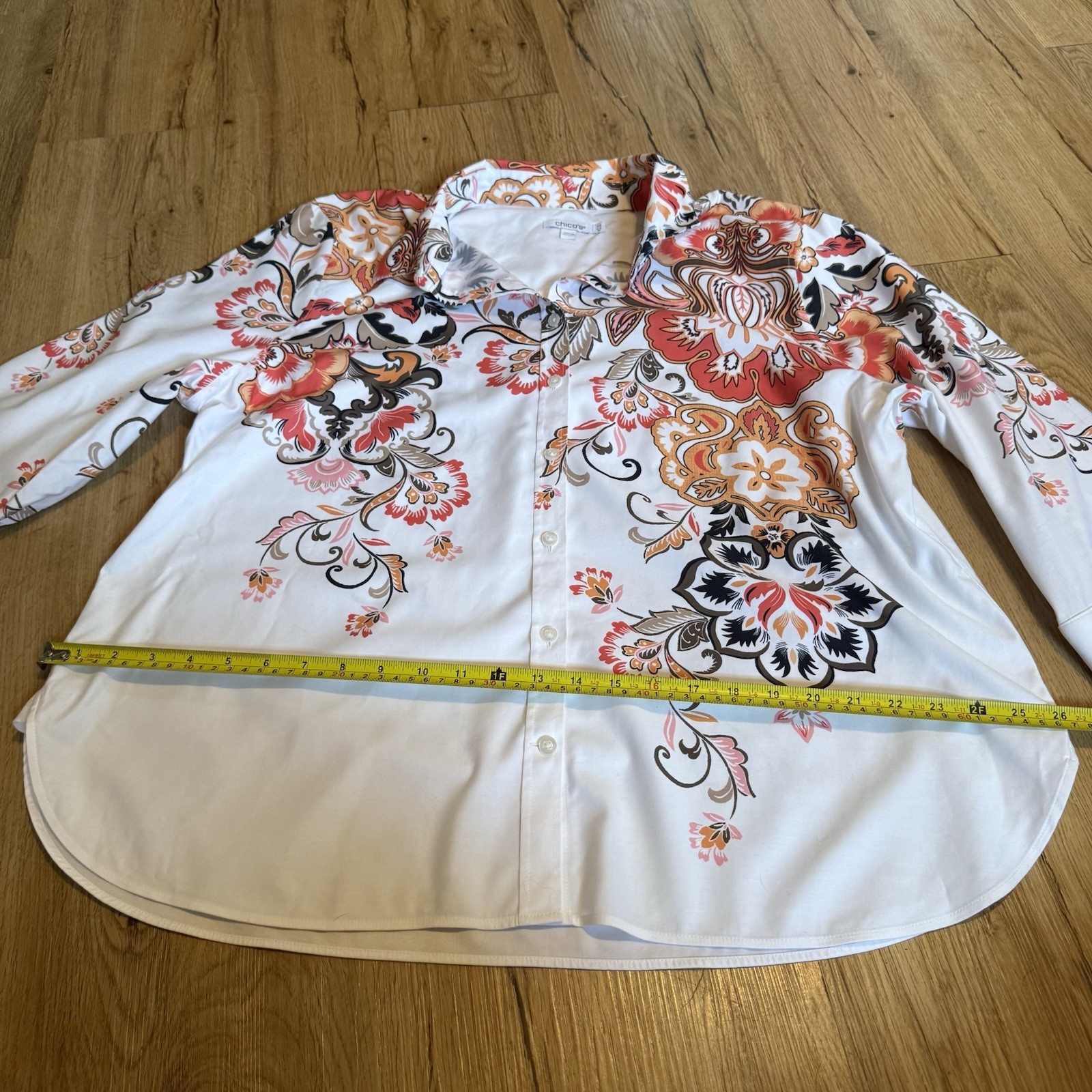 Chicos Women White Floral Print Button Down Tab Sleeve Size 3.5 18 Wester Trop