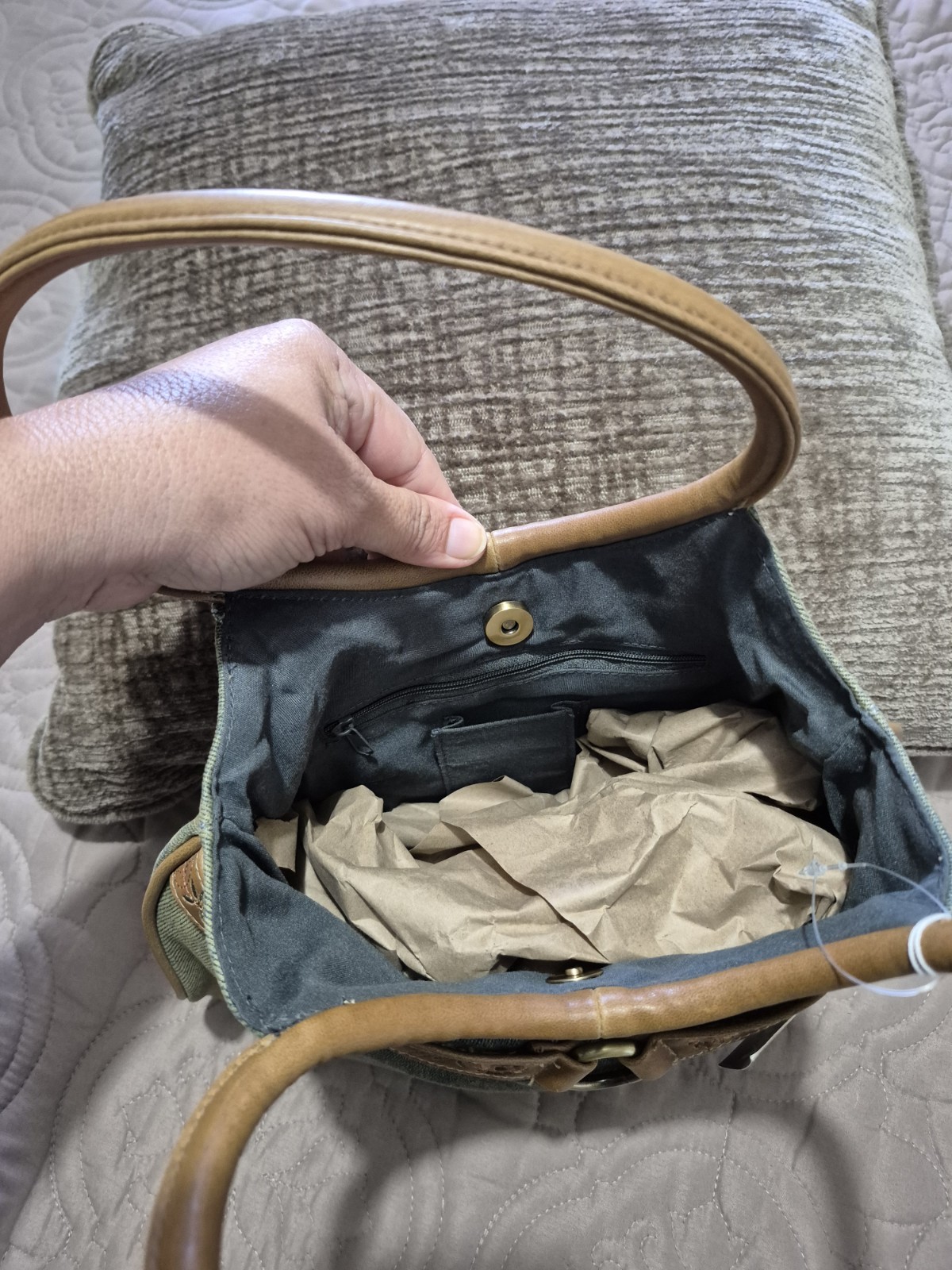 Dolce Vita light blue denim handbag with brown leather accents and floral embroi