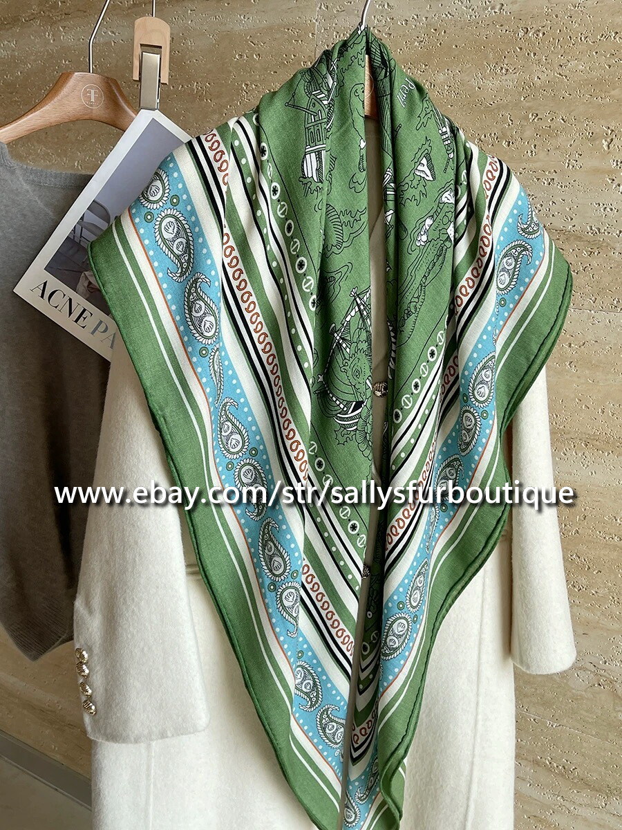 Sallys 70% Cashmere 30% Silk Wrap Scarf Boats Horses Print Double Face Shawl 53″