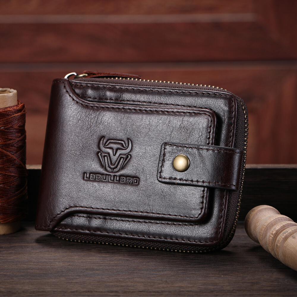 Genuine Leather Wallet Men Large Capacity ID Window Card Case Zip Coin Pocket