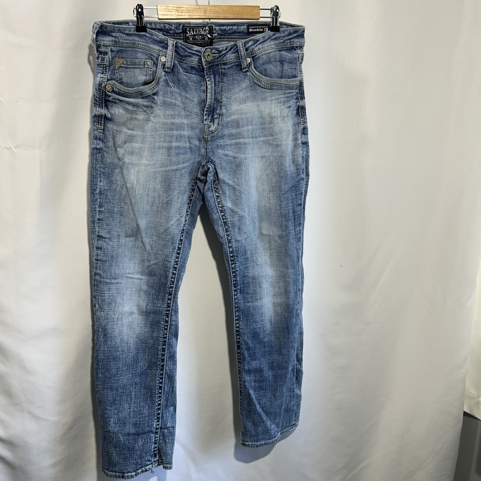 Salvage Mayhem Straight Regular Fit Jeans 36R Buckle Exclusive Blue Denim Flaws*