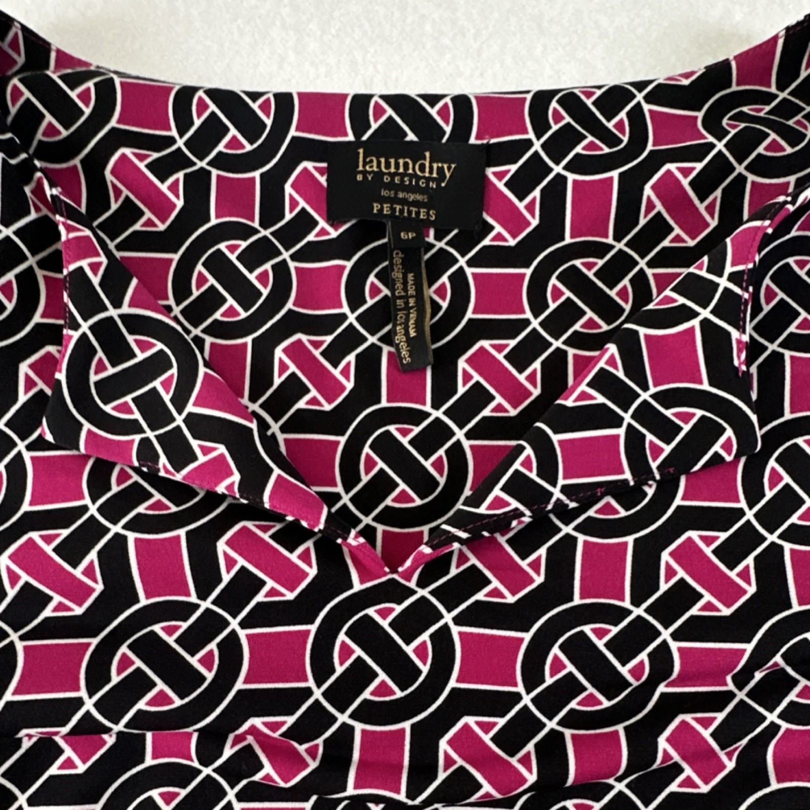 Laundry by Design 6P Pink/Black/White Geometric Shift Dress 3/4 Sleeve V-Neck