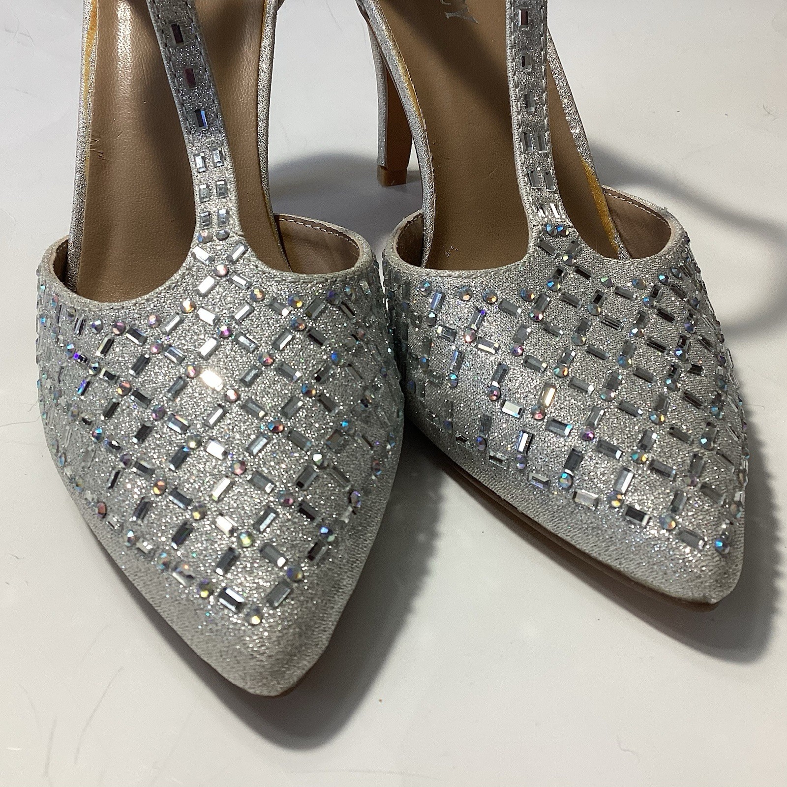 Delicacy Silver T Strap Bedazzled Sparkle Heels 7 Wedding Prom Cinderella