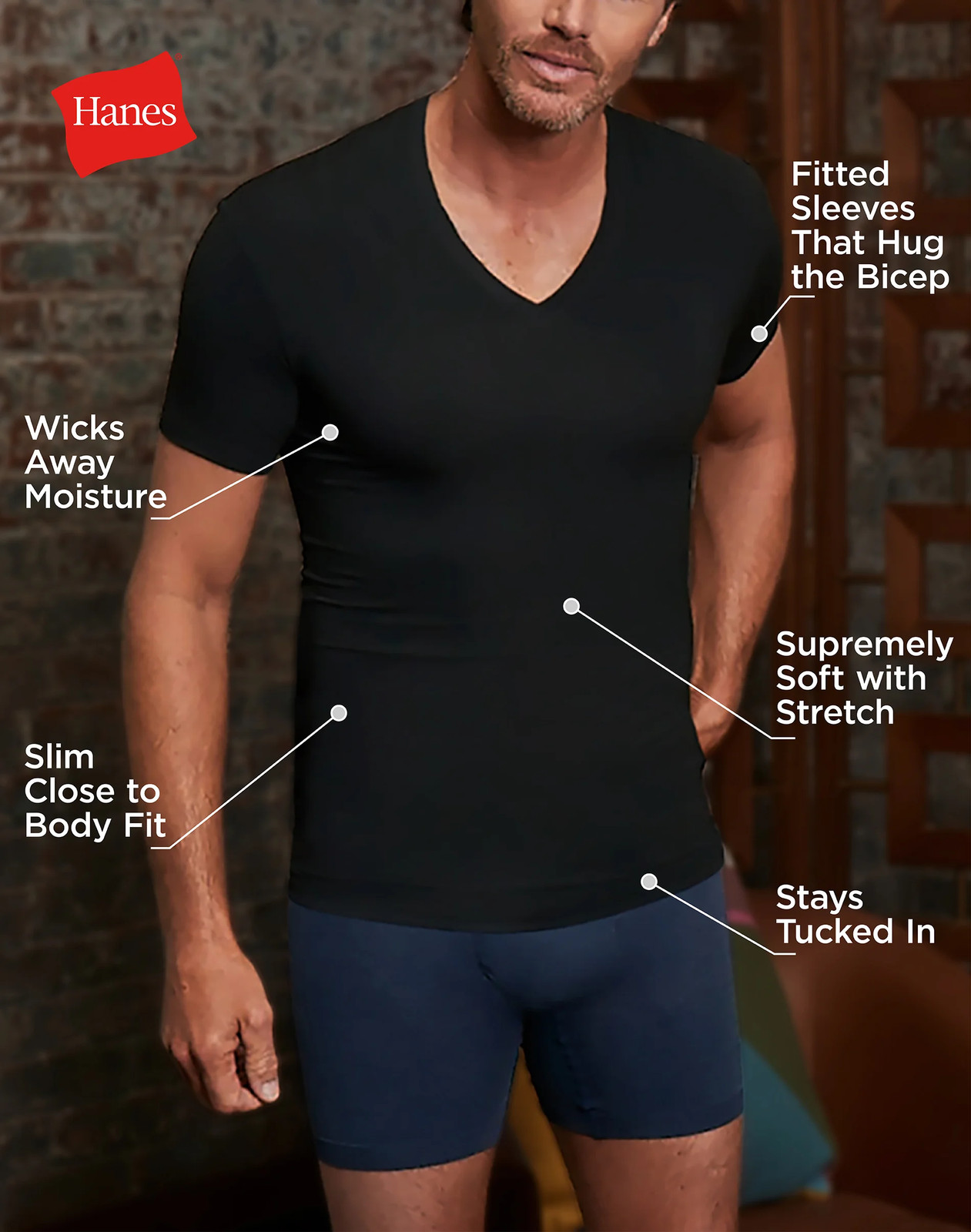 Hanes Perfect Flex Men’s Tee, Black V-Neck Undershirt, 1-Pack