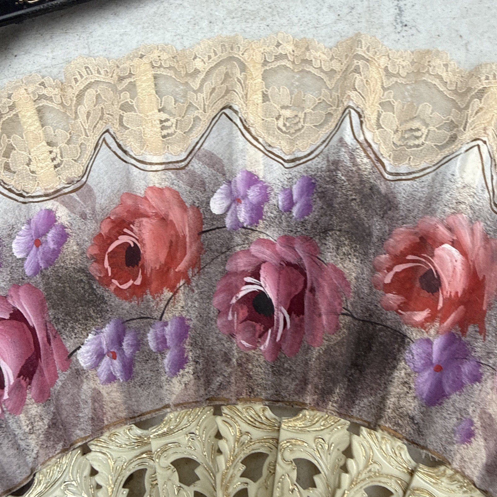 Victorian Style Multicolor Floral Hand Fan Black Lace Trim Fabric Plastic