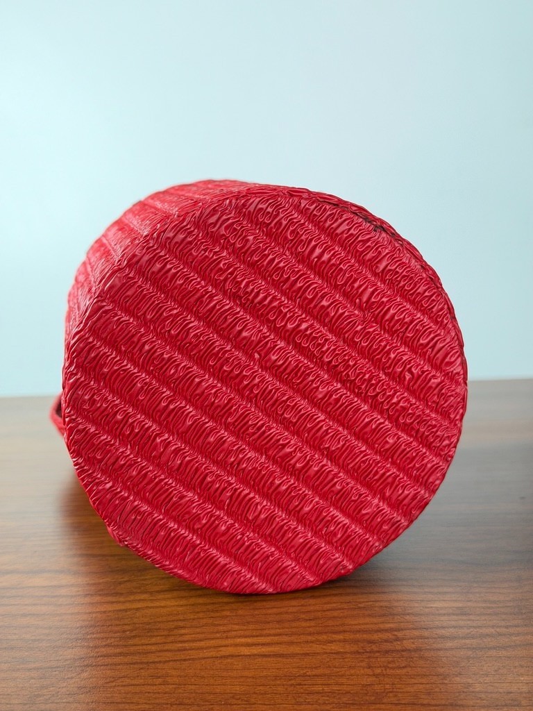Vintage 1950s red round box purse, vinyl mirror Lin-Bren handbag cylinder small