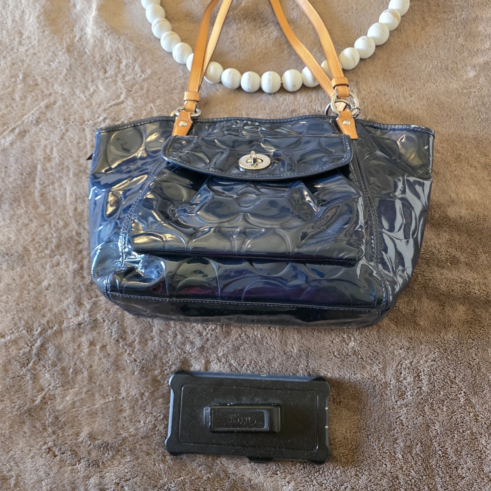 Coach Leah Navy Blue Patent Leather Tote Bag F14663 Embossed Logo Turnlock Large