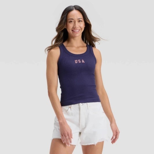 USA Tank Top Universal Thread Embroidered Ribbed Women L Size Blue Navy