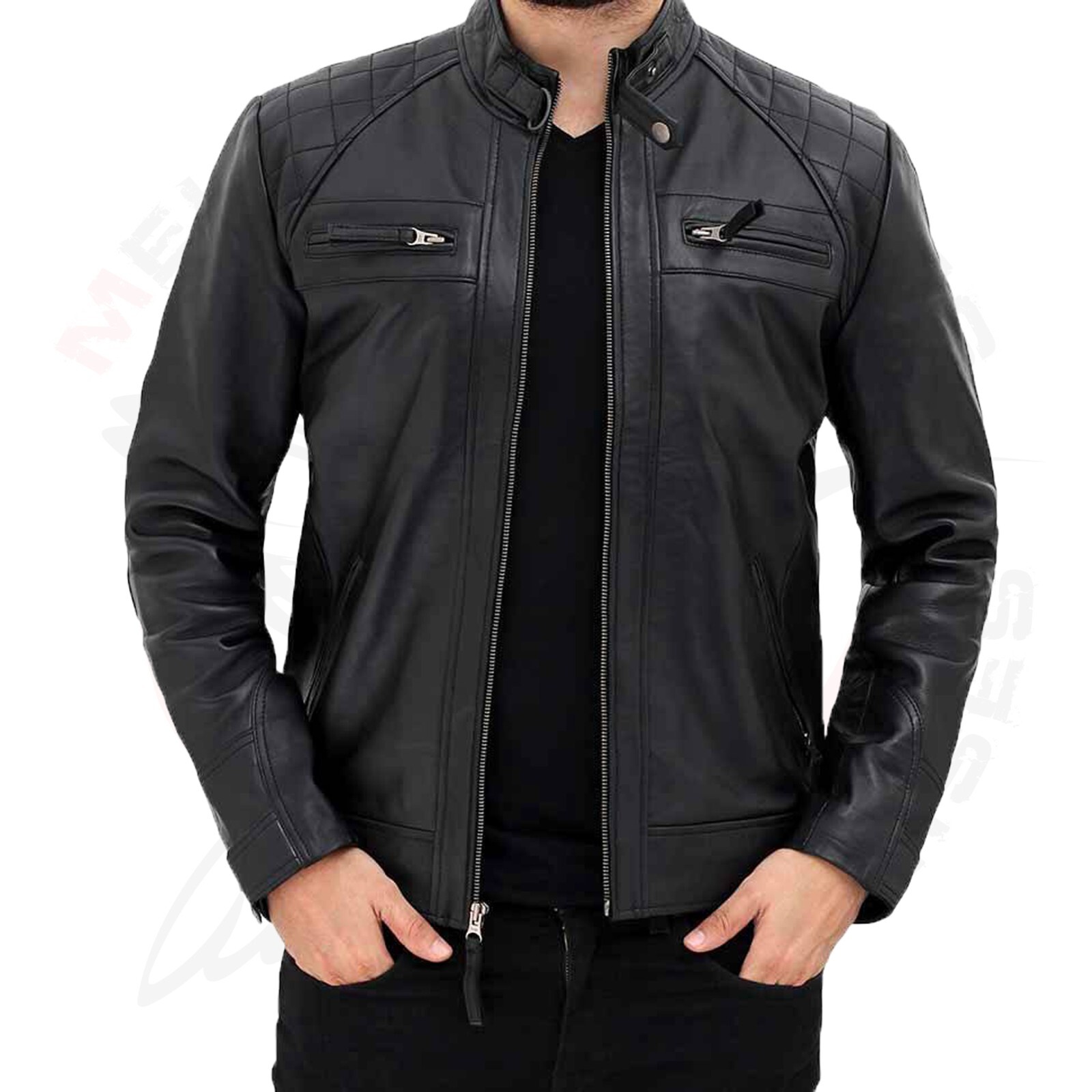 CAFE RACER BIKER BLACK/BROWN LEATHER JACKET MEN’S GENUINE SHEEP LEATHER