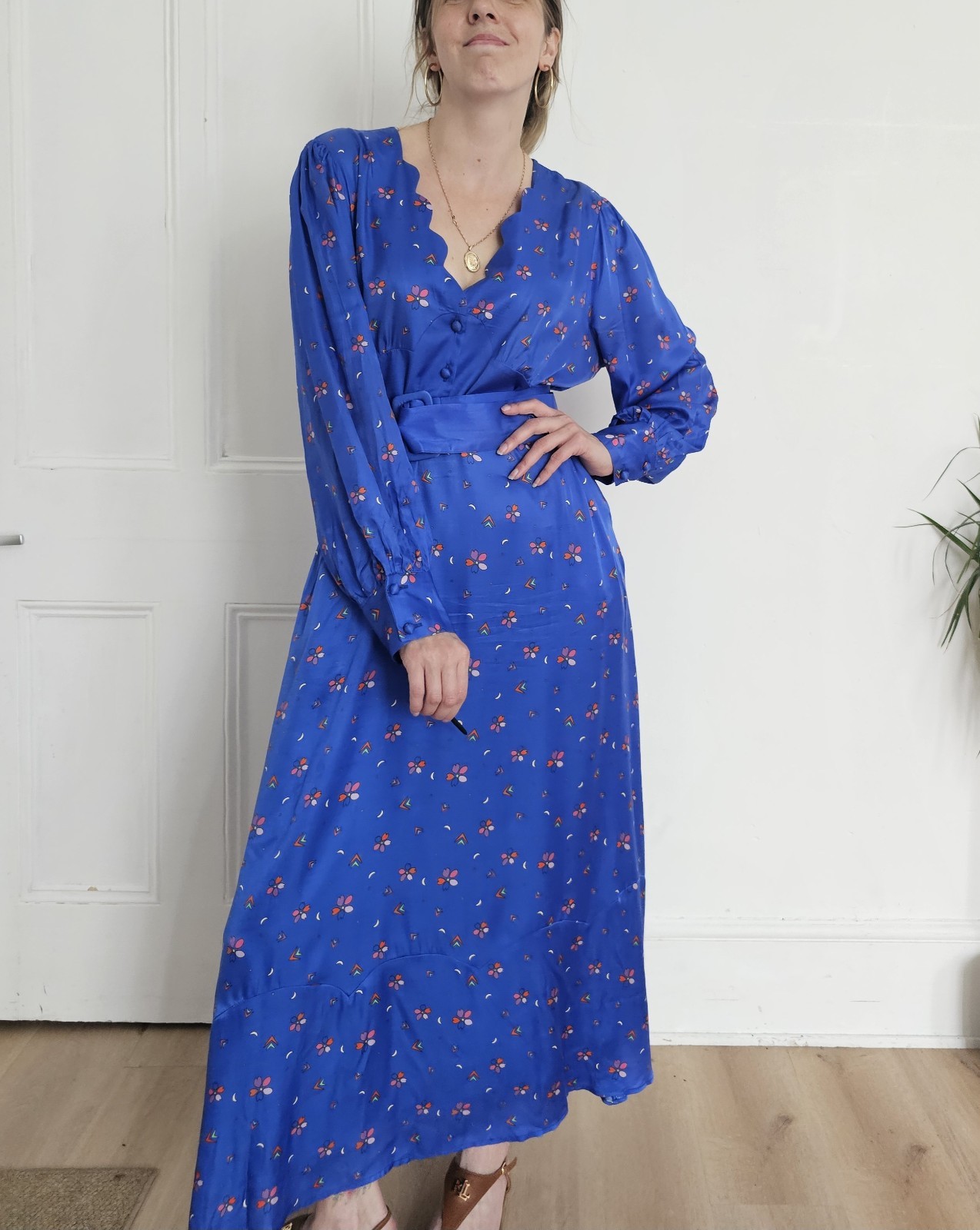 Olivia Rubin Katya Blue Ditsy Floral Silk Mix Satin Print Midi Dress UK 18