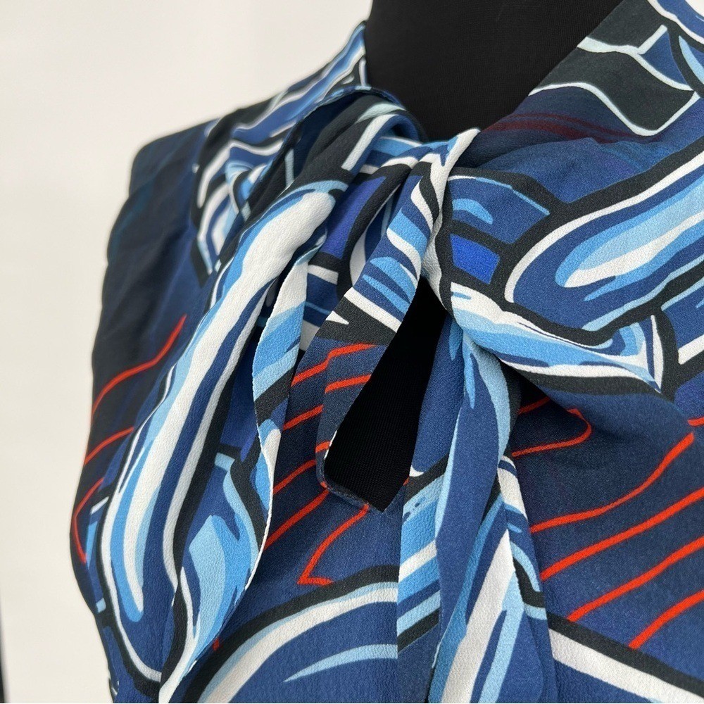 PINKO Logo Chain Print Blue White Sleeveless Tie Bow Blouse US 2