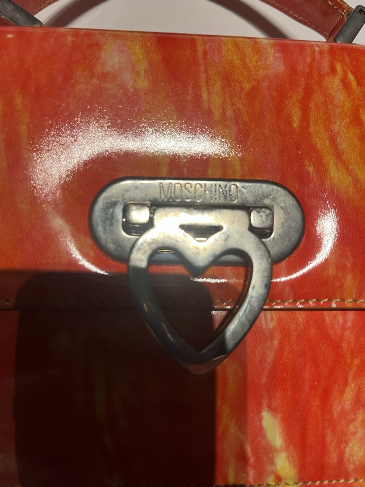 Vintage 90s Y2K Moschino Redwall Heart Locking Satchel Purse Orange Flames RARE