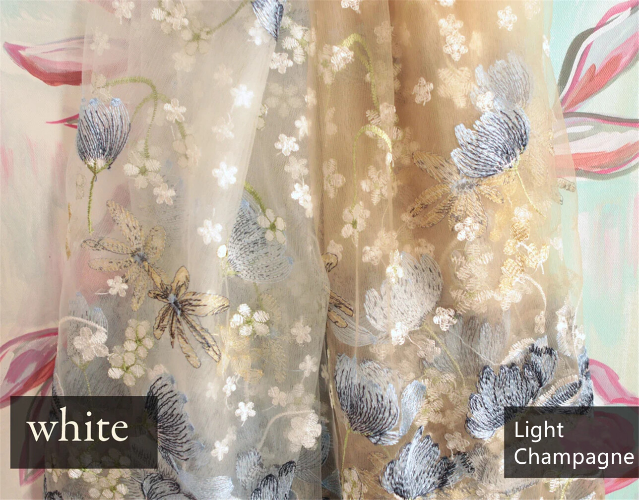 Lotus Flowers Floral Wedding Bridal Veils for Brides Embroidered Lace Blue Red