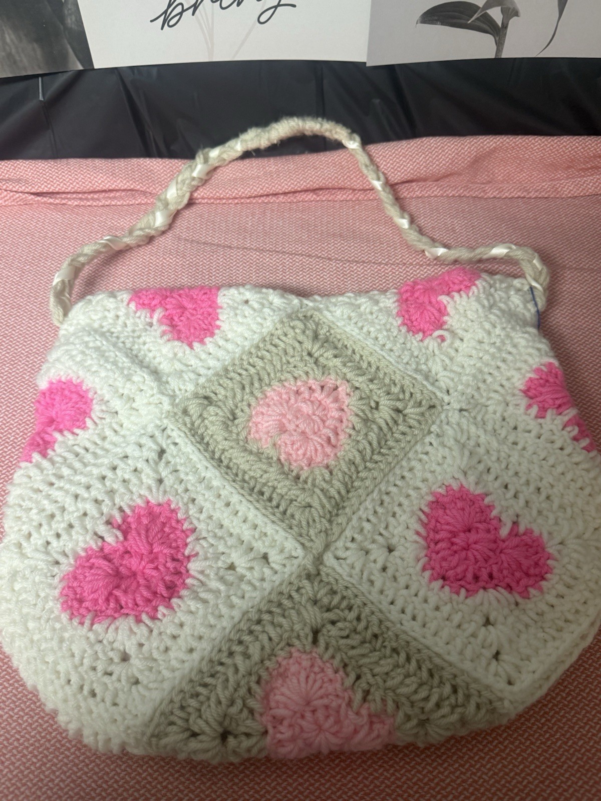 Crochet Pink and White Shoulder Bag with Inside Lining and Pockets