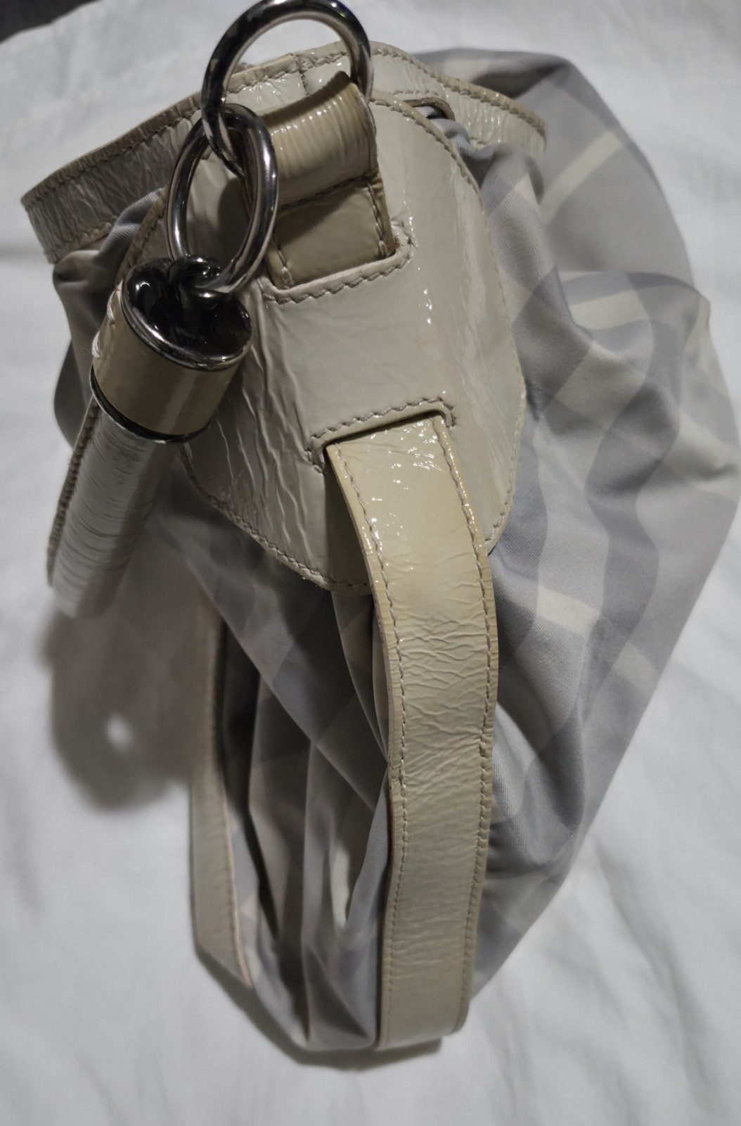 Burberry Checked Gray Nylon & Trimmed Smoke Patent Leather Shoulder Hobo Bag
