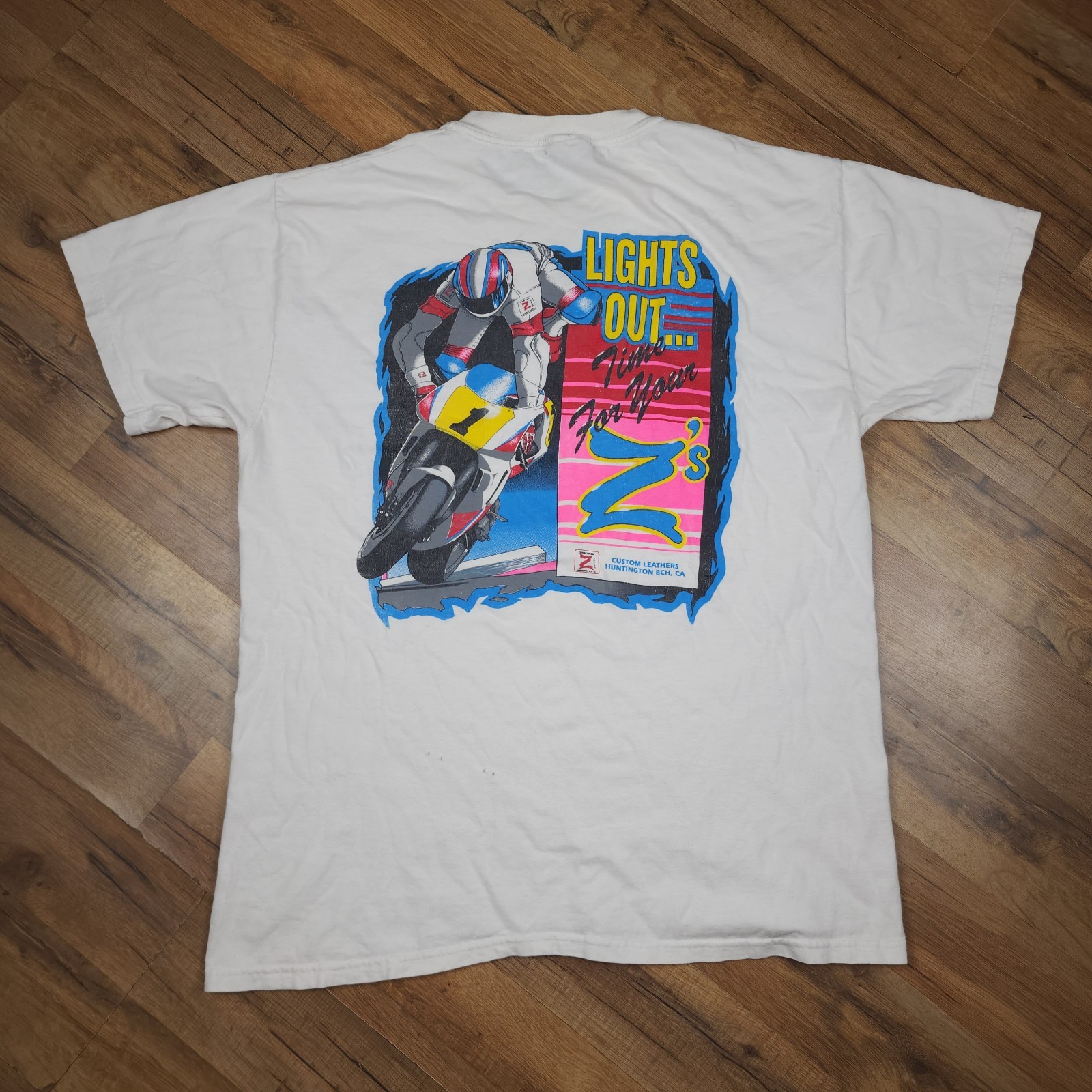 Vintage Z’s Custom Leathers Motorcycle Racing Tee Mens L White Biker CA Y2K