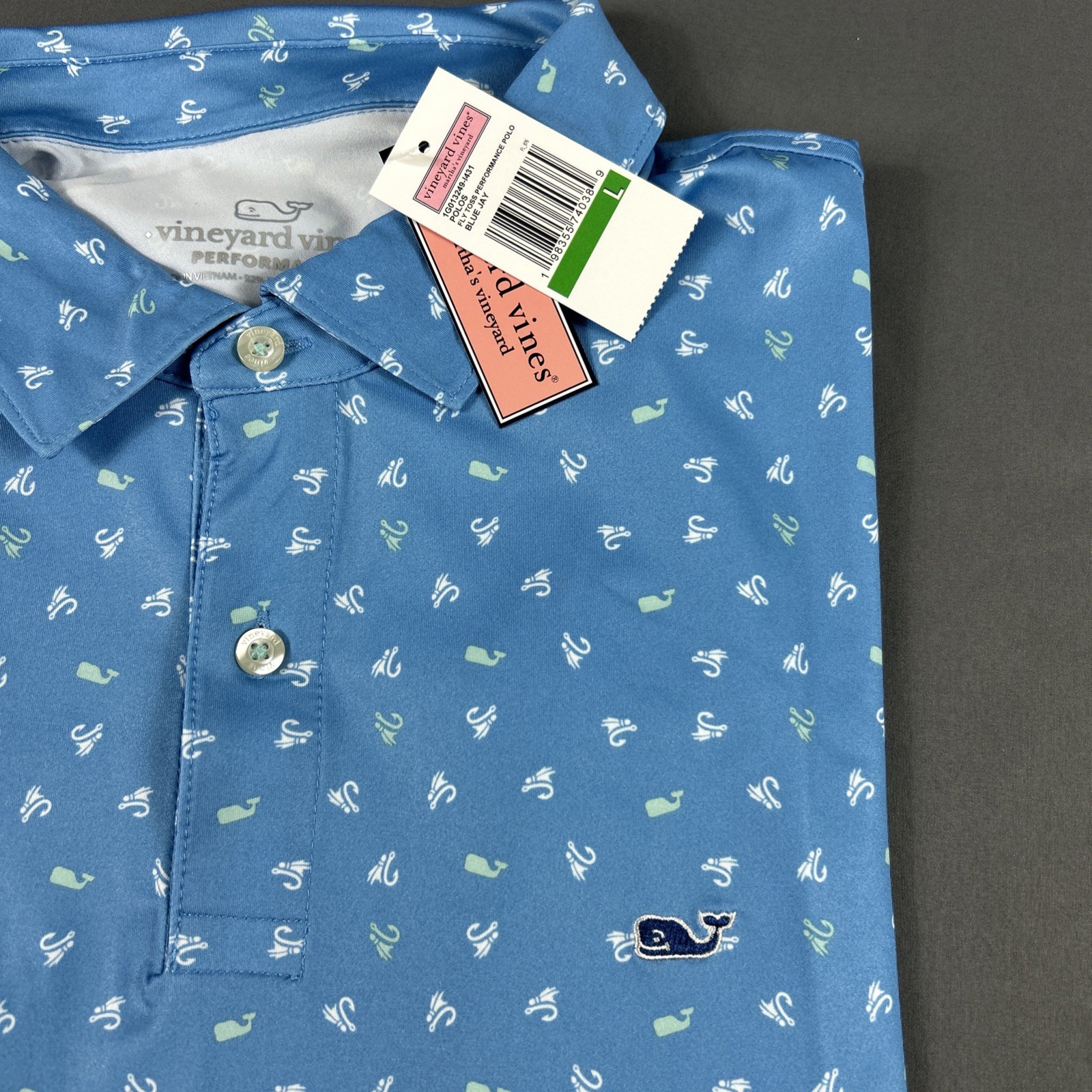 Vineyard Vines Golf Shirt Polo Fly Toss Print Large Blue Polyester Spandex
