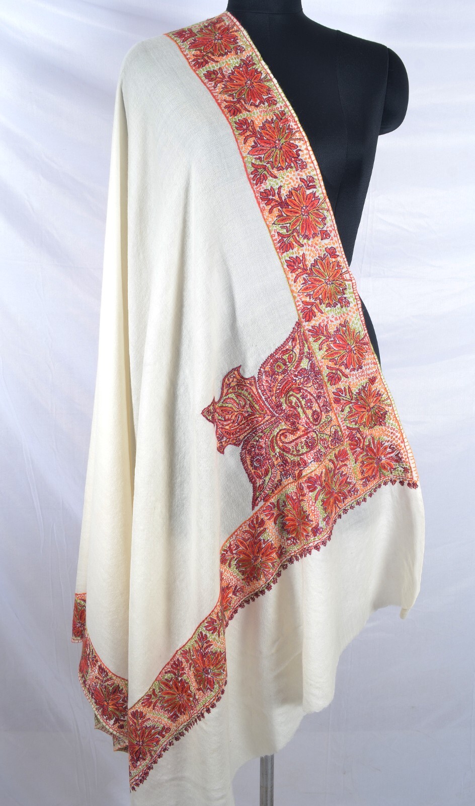 OFF-WHITE INTRICATE KASHMIRI HAND EMBROIDERY SHAWL 100% CASHMERE PASHMINA WRAP