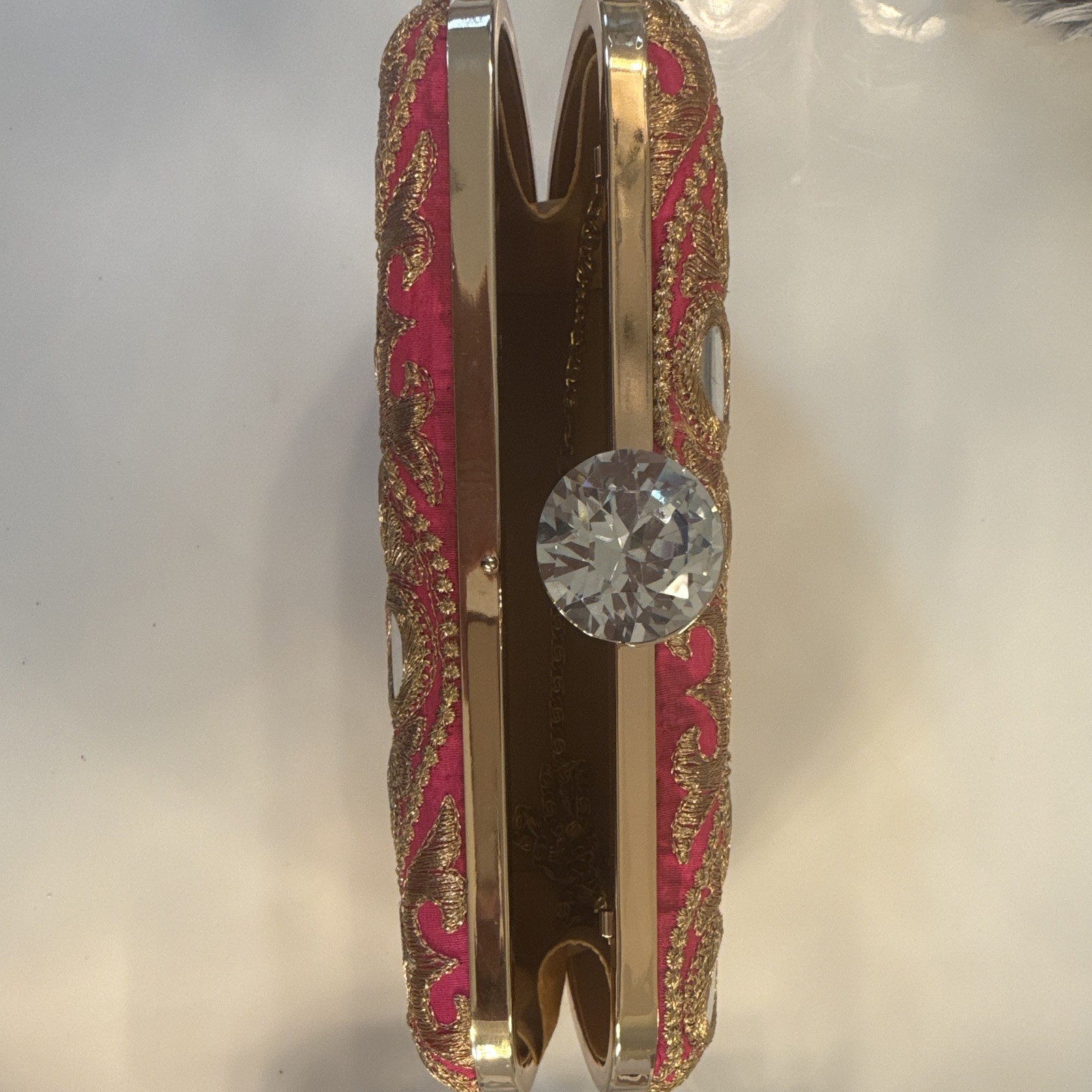 Women’s Pink & Gold Embroidered Mirror Clutch, Gold Chain Strap, Clasp