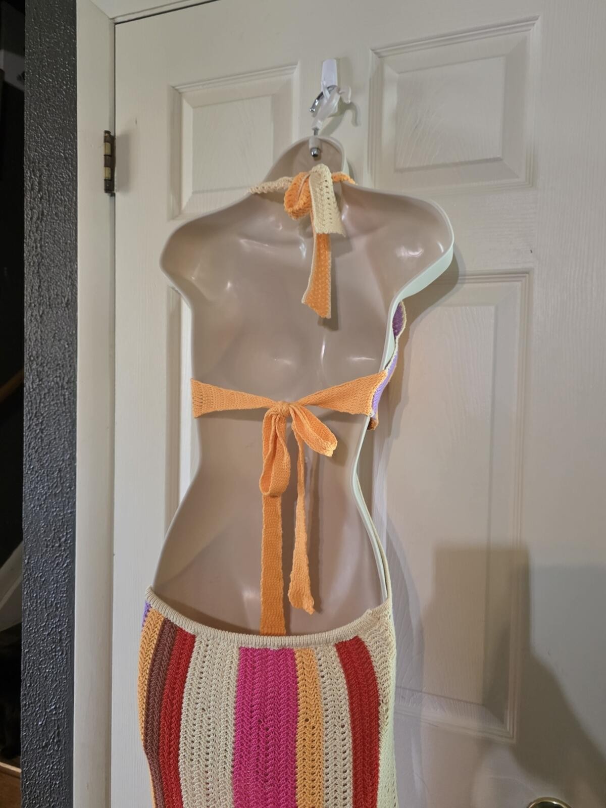 Source Unknown Pink Cream Orange Yellow Purple Striped Crochet Maxi Dress