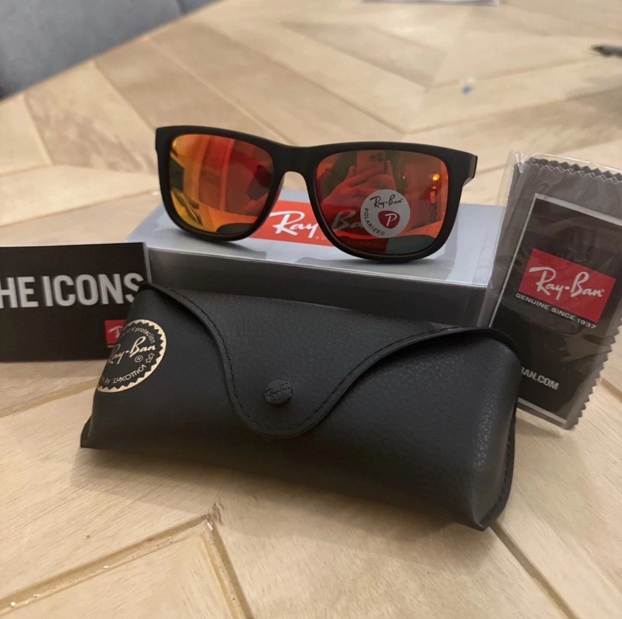 Ray Ban Justin Black Matte 4165 622/6Q Red Orange Mirrored Lenses 54mm Polarized