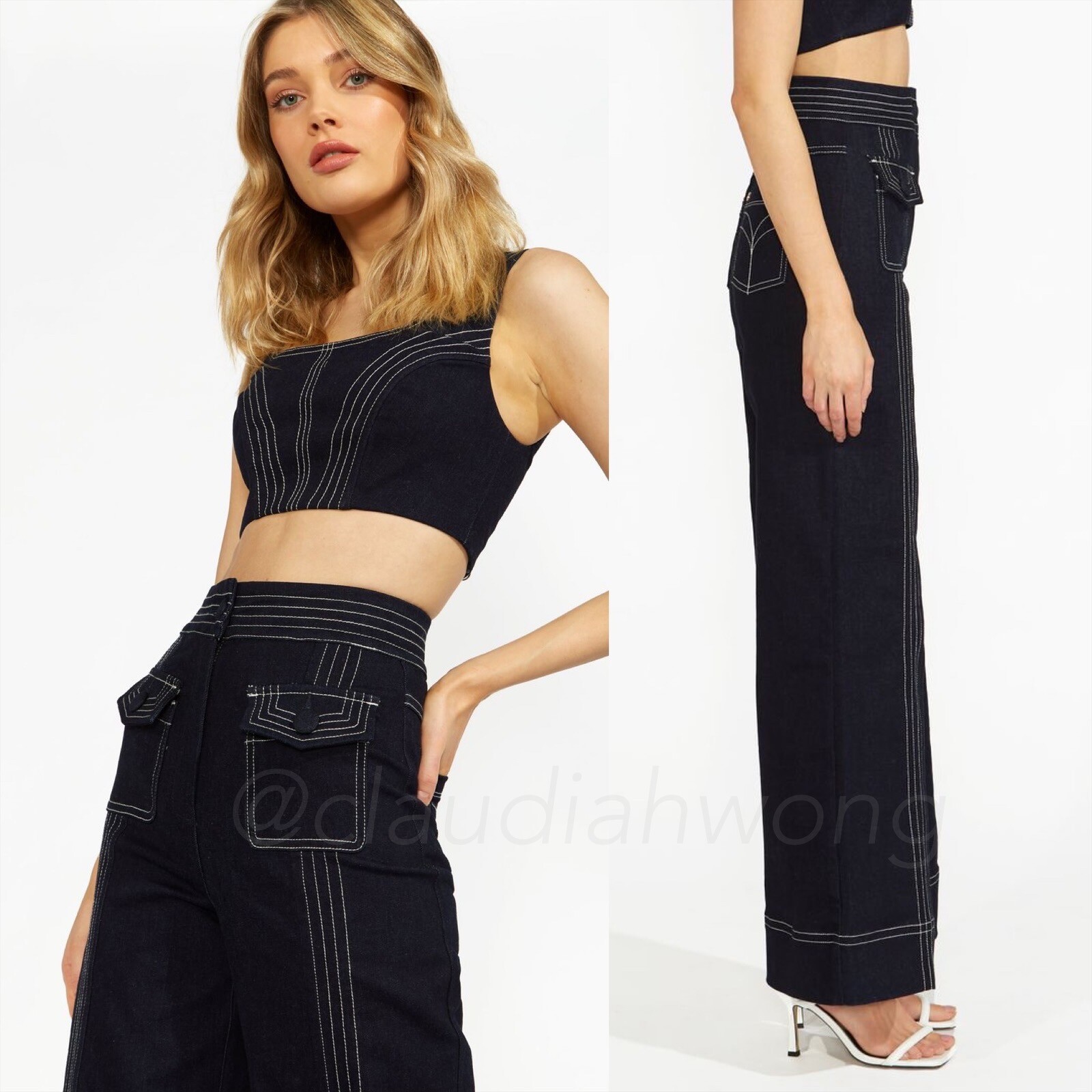NWT ALICE MCCALL Deep Sea Indigo Blue Contrast Stitch Wide Leg Denim Pants US 4