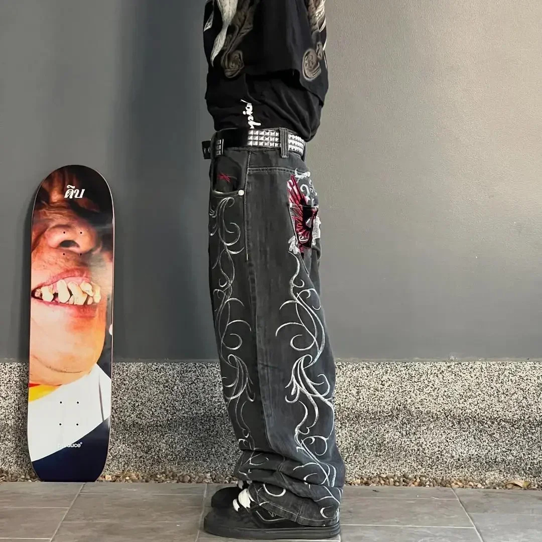 Embroidered Griffin Baggy Jeans Grunge Y2K Wide Leg Gothic Streetwear S-2XL
