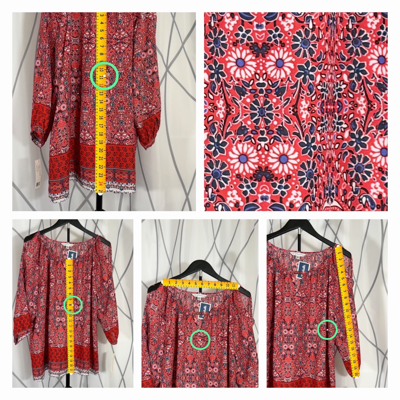 Counterparts Womens XL Boho Floral Blouse 3/4 Sleeve Keyhole Neck Red Multicolor