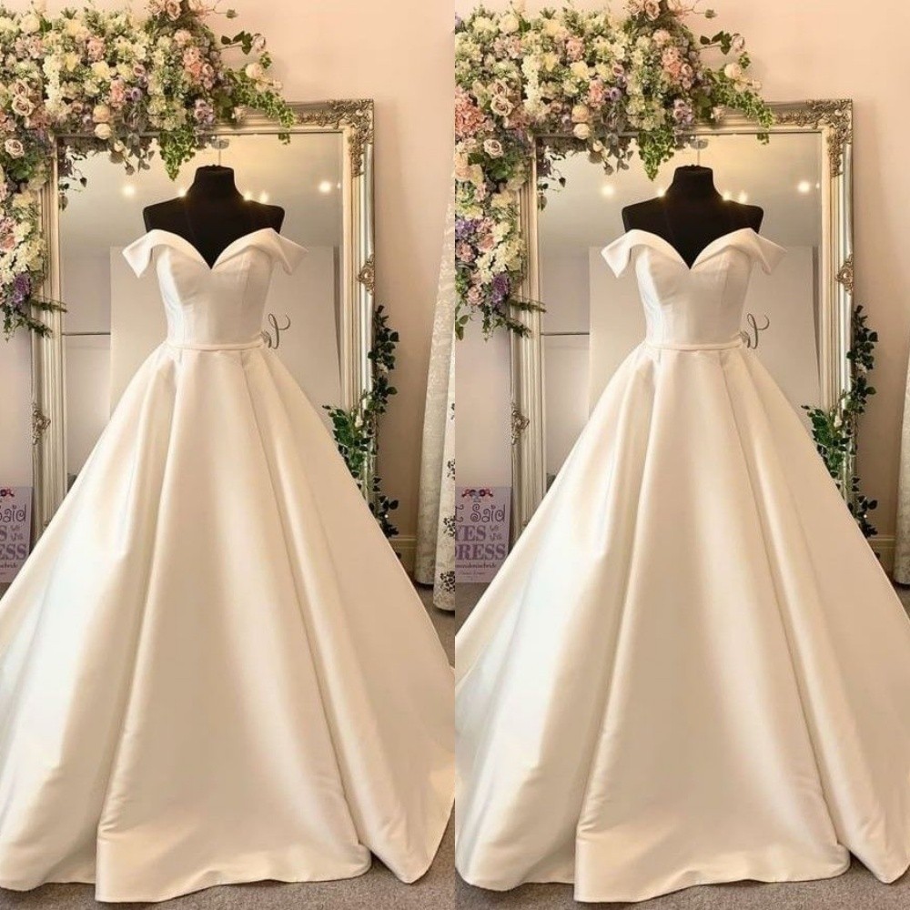 Classic Wedding Dresses Off The Shoulder Satin A Line Sweep Train Bridal Gowns